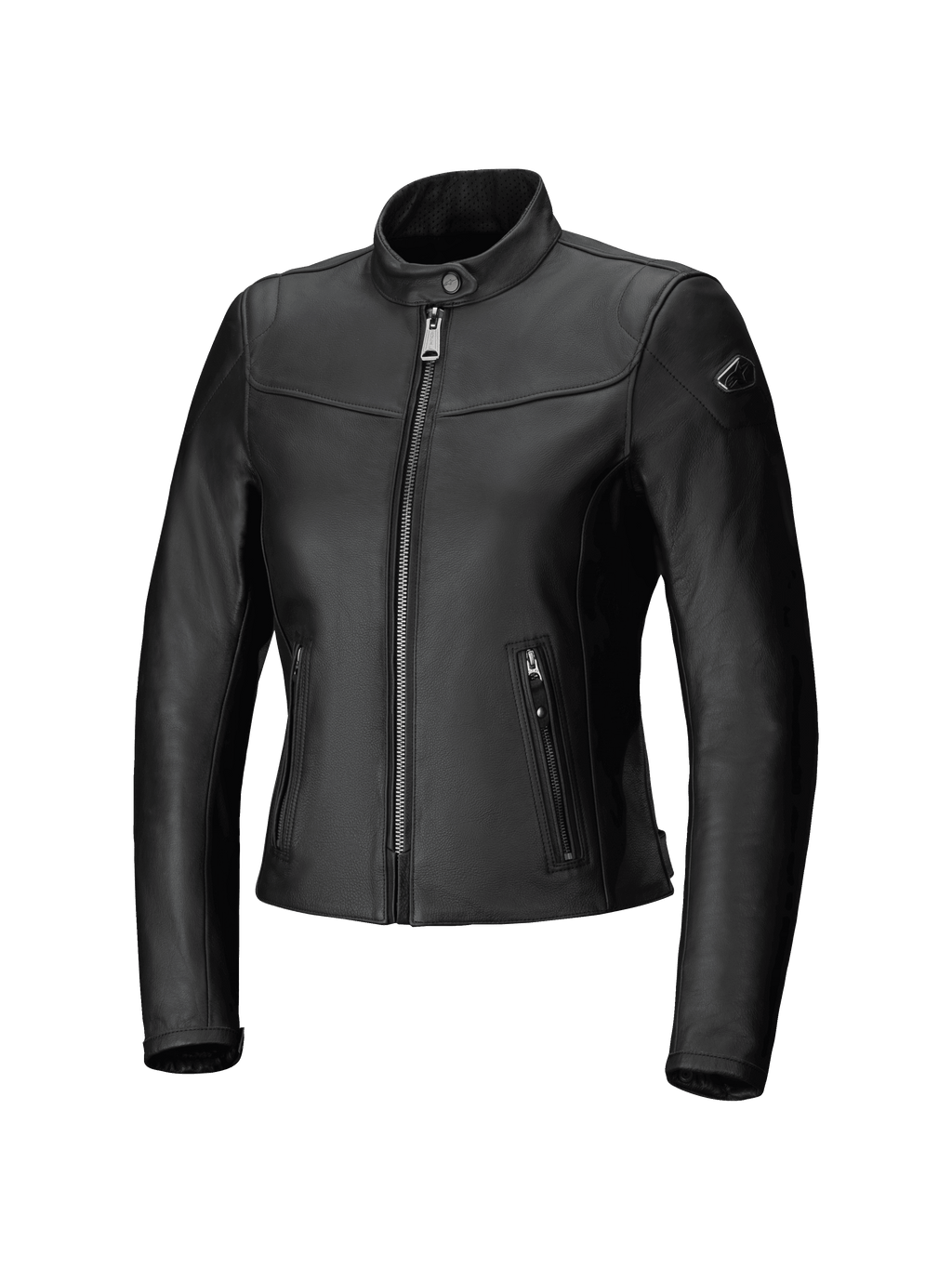 Alpinestars Tory, blouson de moto urbain en cuir pour femme, noir, coupe ajustée avec fermeture éclair avant métallique couleur canon de fusil, poches latérales zippées verticales et col en cuir perforé, finition en cuir de bovin lisse