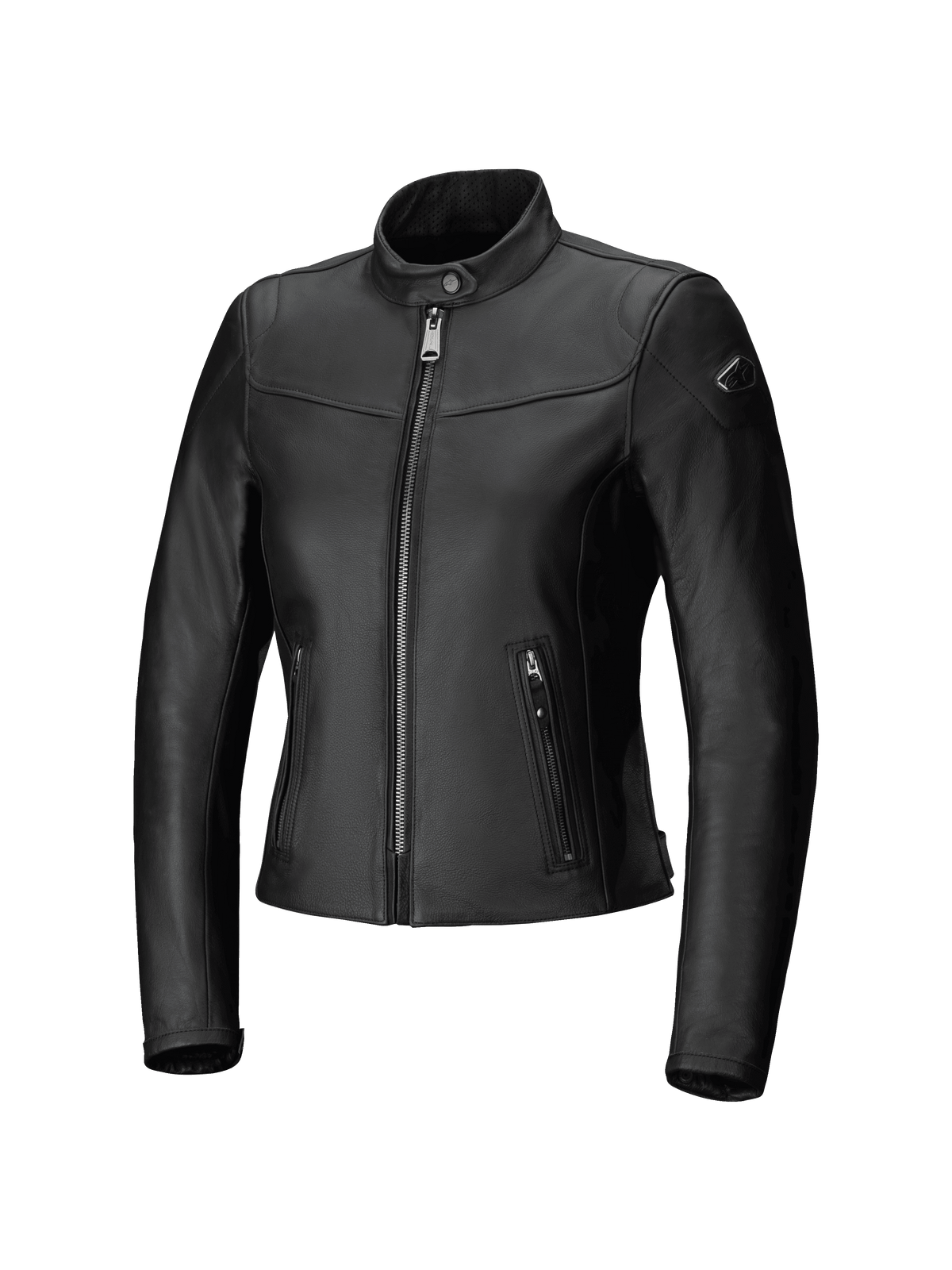 Alpinestars Tory, blouson de moto urbain en cuir pour femme, noir, coupe ajustée avec fermeture éclair avant métallique couleur canon de fusil, poches latérales zippées verticales et col en cuir perforé, finition en cuir de bovin lisse