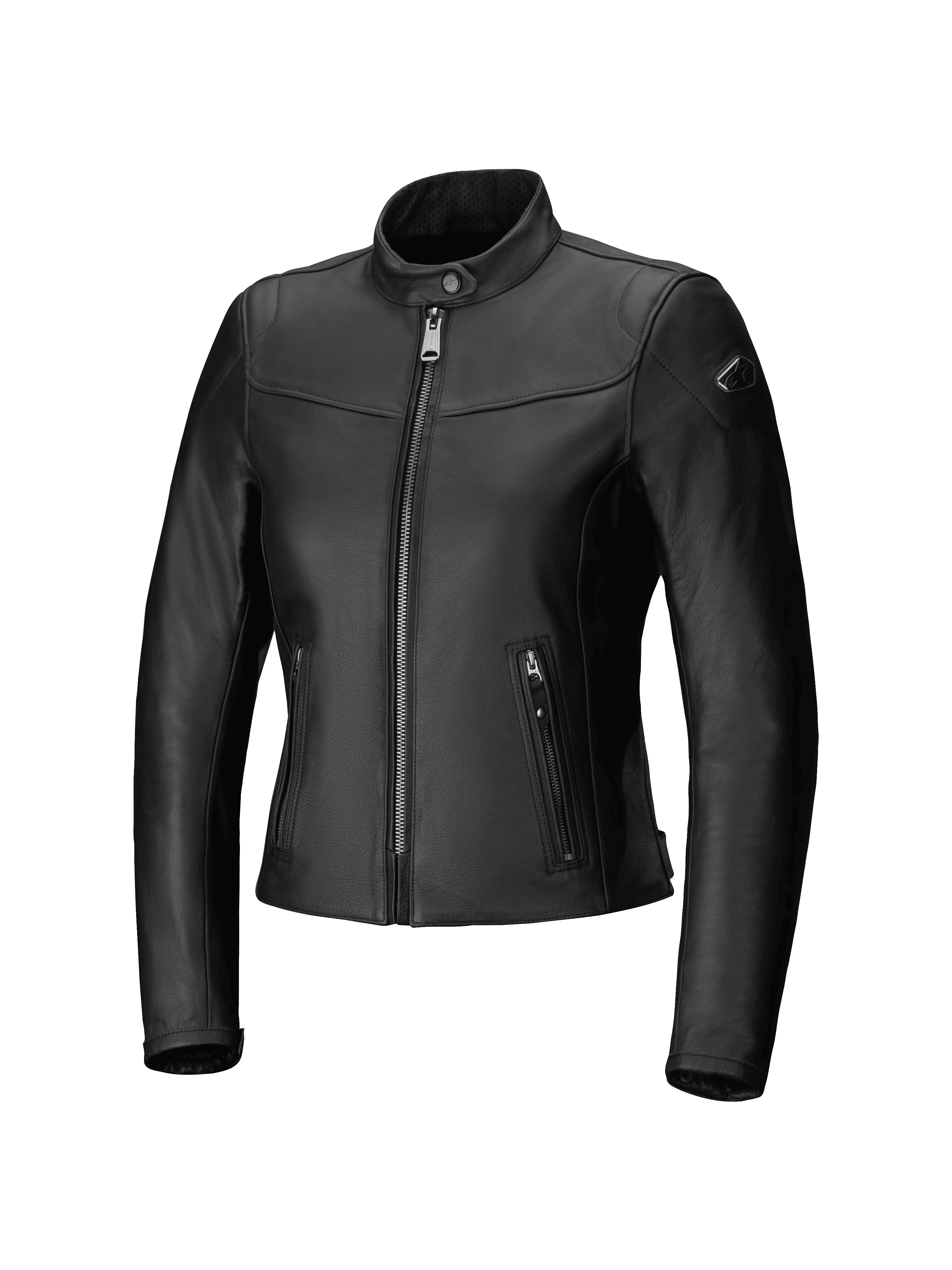 Alpinestars Tory, blouson de moto urbain en cuir pour femme, noir, coupe ajustée avec fermeture éclair avant métallique couleur canon de fusil, poches latérales zippées verticales et col en cuir perforé, finition en cuir de bovin lisse