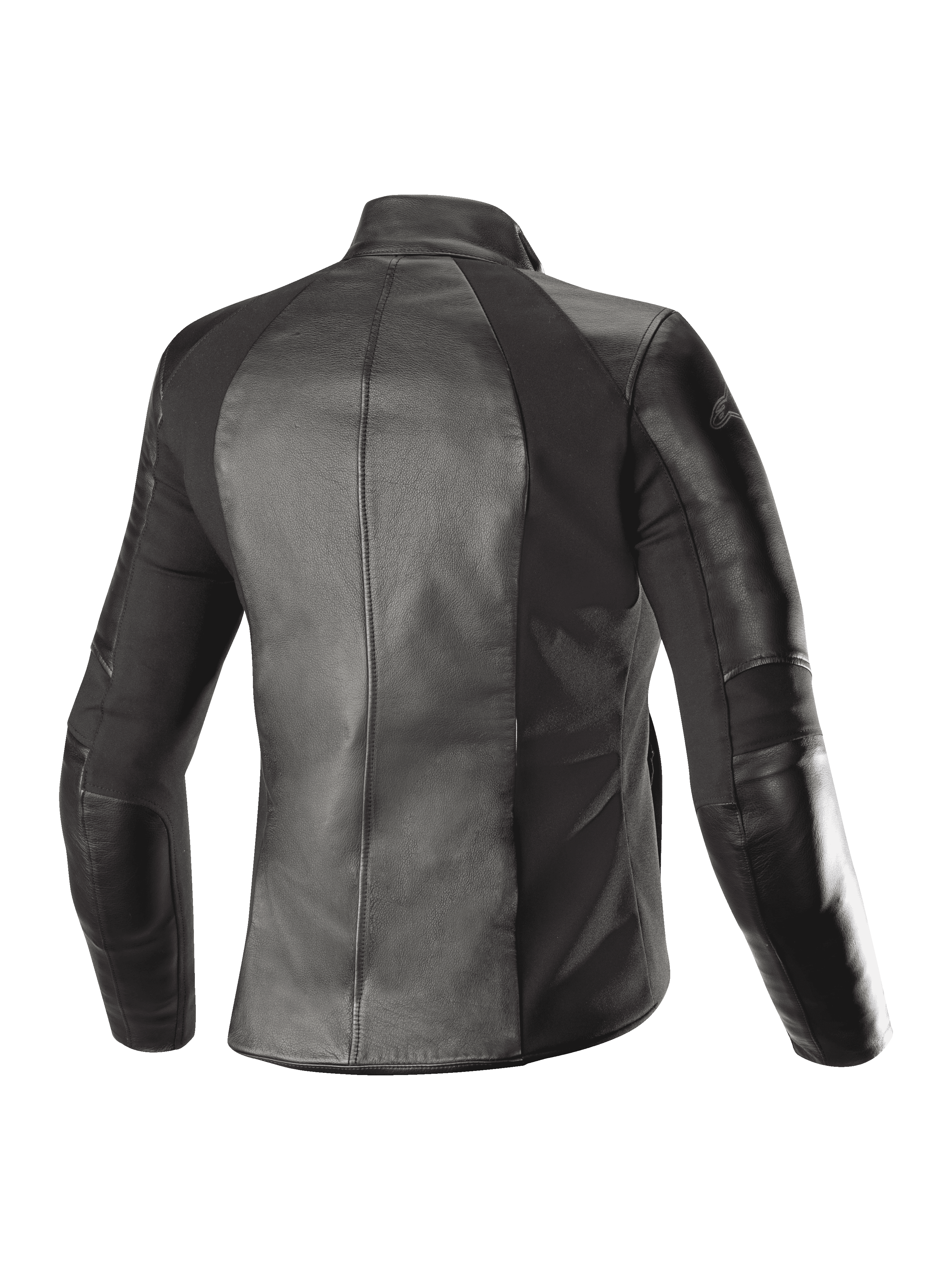 Alpinestars Women Stella Vika V2 Leather Jacket, Black, Back View, featuring full-grain leather construction and aramid stretch panels for a tailored feminine fit, urban motorcycle riding apparel.