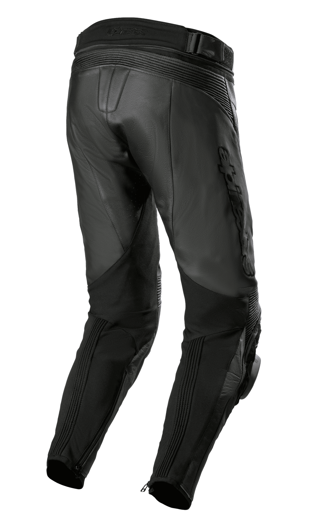 Pantalon en cuir Alpinestars Missile V3 Airflow, noir, vue arrière montrant la construction en cuir premium, les zones d'extension en accordéon au-dessus du genou, la taille arrière haute et les panneaux extensibles sur les mollets avec fermetures éclair aux chevilles.