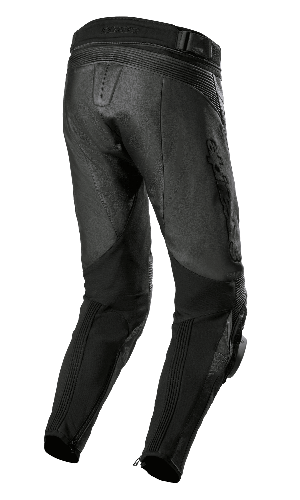 Pantalon en cuir Alpinestars Missile V3 Airflow, noir, vue arrière montrant la construction en cuir premium, les zones d'extension en accordéon au-dessus du genou, la taille arrière haute et les panneaux extensibles sur les mollets avec fermetures éclair aux chevilles.