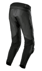 Pantalon en cuir Alpinestars Missile V3 Airflow, noir, vue arrière montrant la construction en cuir premium, les zones d'extension en accordéon au-dessus du genou, la taille arrière haute et les panneaux extensibles sur les mollets avec fermetures éclair aux chevilles.