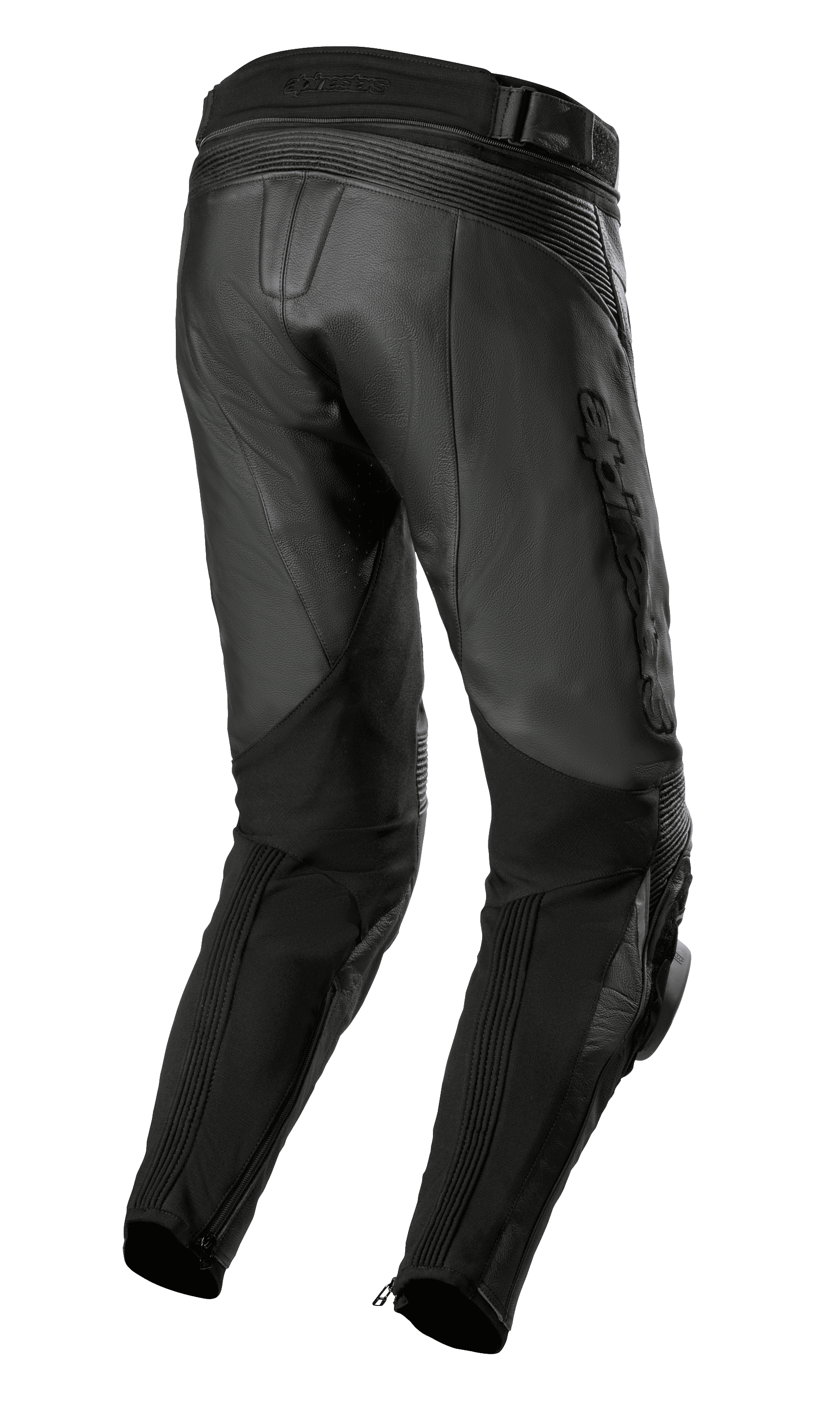 Pantalon en cuir Alpinestars Missile V3 Airflow, noir, vue arrière montrant la construction en cuir premium, les zones d'extension en accordéon au-dessus du genou, la taille arrière haute et les panneaux extensibles sur les mollets avec fermetures éclair aux chevilles.