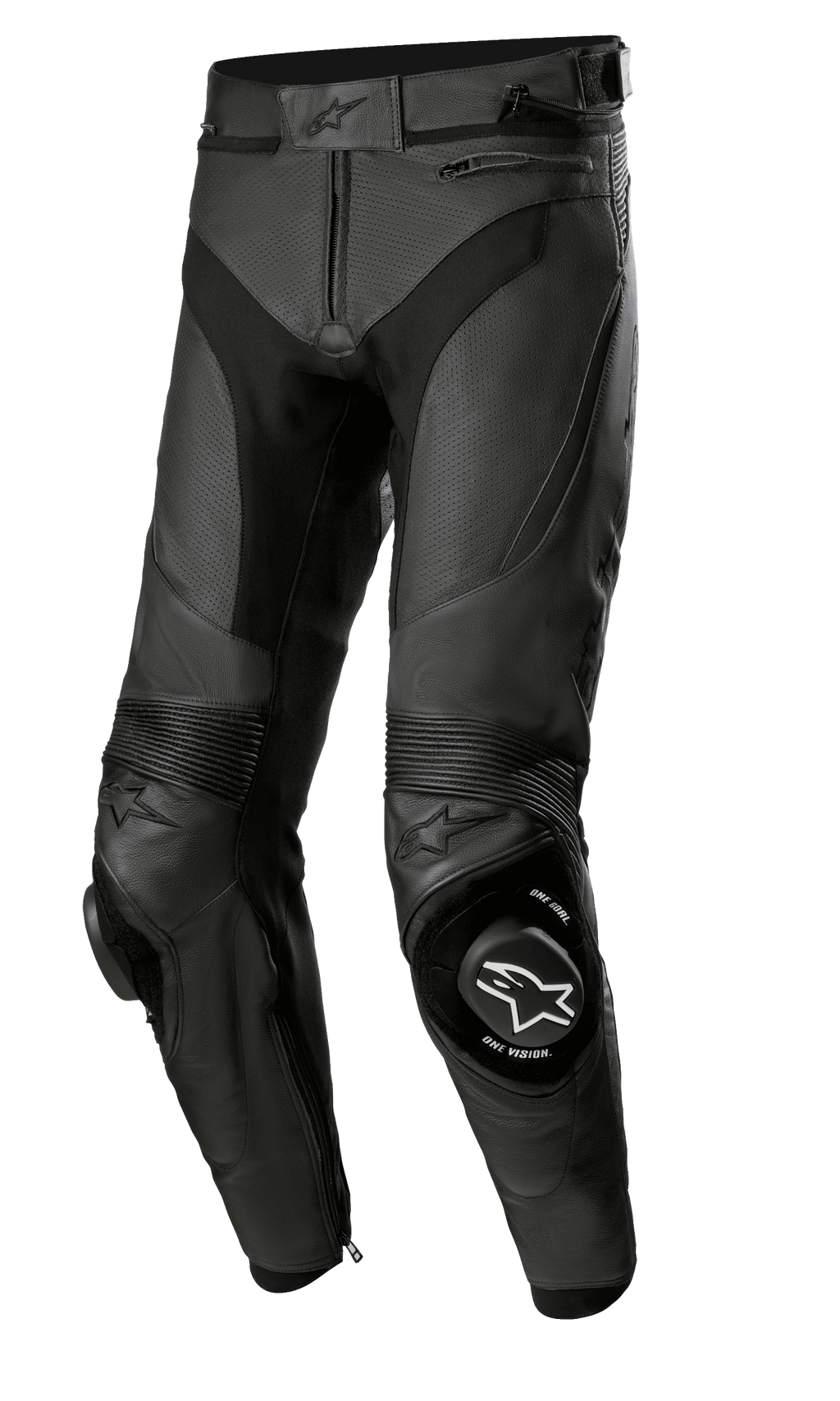 Alpinestars Missile V3 Airflow Leather Pants, pantalon de course de moto noir, construction en cuir perforé haut de gamme pour une ventilation maximale, sliders de genoux renforcés avec marquage ONE GOAL ONE VISION, panneaux extensibles en accordéon pour la flexibilité, poches zippées et réglage de la taille, design noir épuré pour la performance sportive et sur circuit