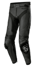 Alpinestars Missile V3 Airflow Leather Pants, pantalon de course de moto noir, construction en cuir perforé haut de gamme pour une ventilation maximale, sliders de genoux renforcés avec marquage ONE GOAL ONE VISION, panneaux extensibles en accordéon pour la flexibilité, poches zippées et réglage de la taille, design noir épuré pour la performance sportive et sur circuit