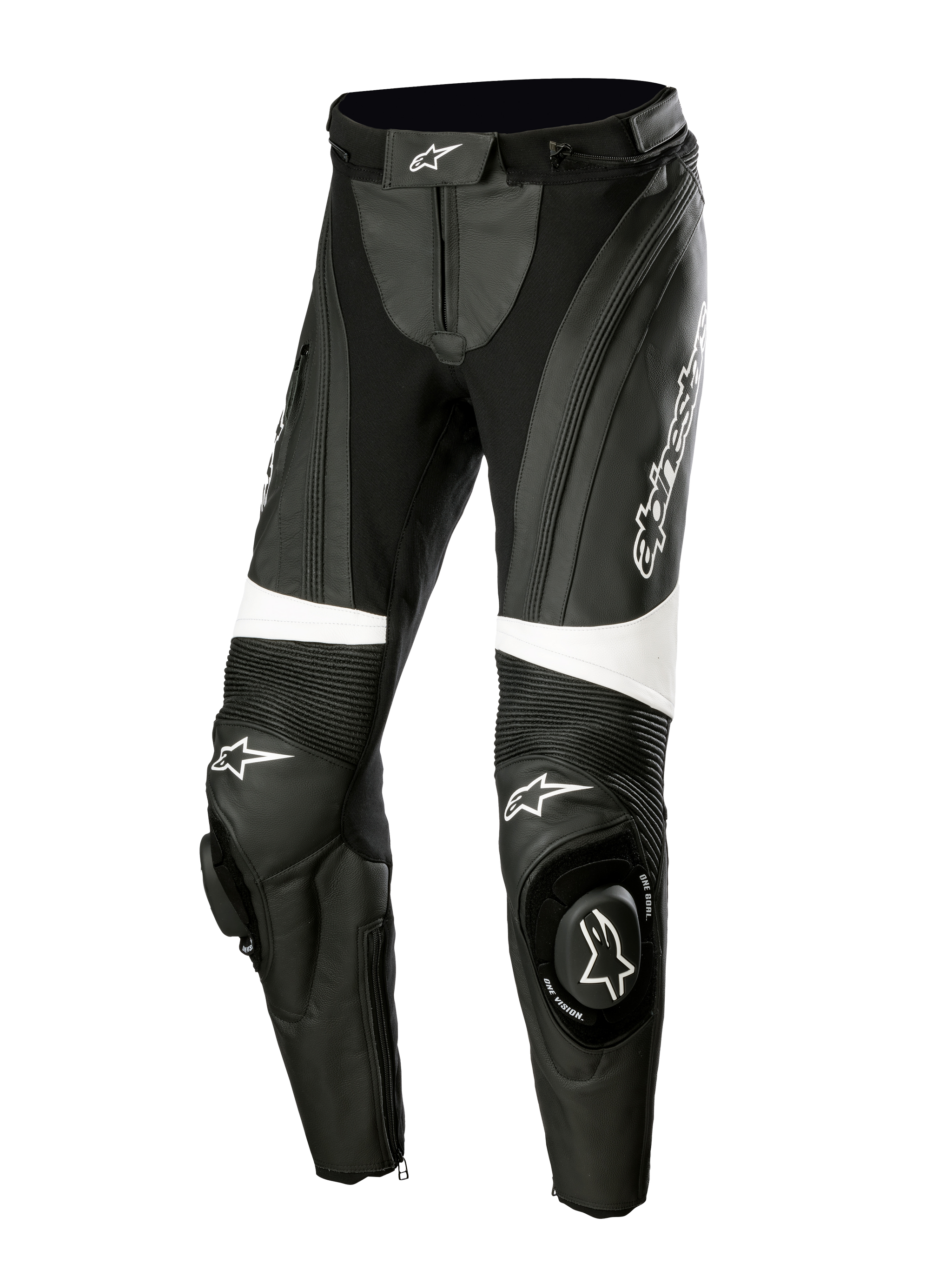 Alpinestars Stella Missile V3 Leather Pants, pantalon de moto racing pour femme, noir et blanc, doté de panneaux extensibles en accordéon au-dessus des genoux, sliders de genoux intégrés avec logo Alpinestars, bandes blanches contrastantes et coupe profilée pour la conduite sportive et sur piste