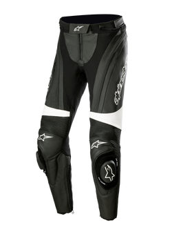 Alpinestars Stella Missile V3 Leather Pants, Women's Motorcycle Racing Pants, Black and White, featuring accordion stretch panels above the knees, integrated knee sliders with Alpinestars logo, white accent bands, and a streamlined fit for sport and track riding.