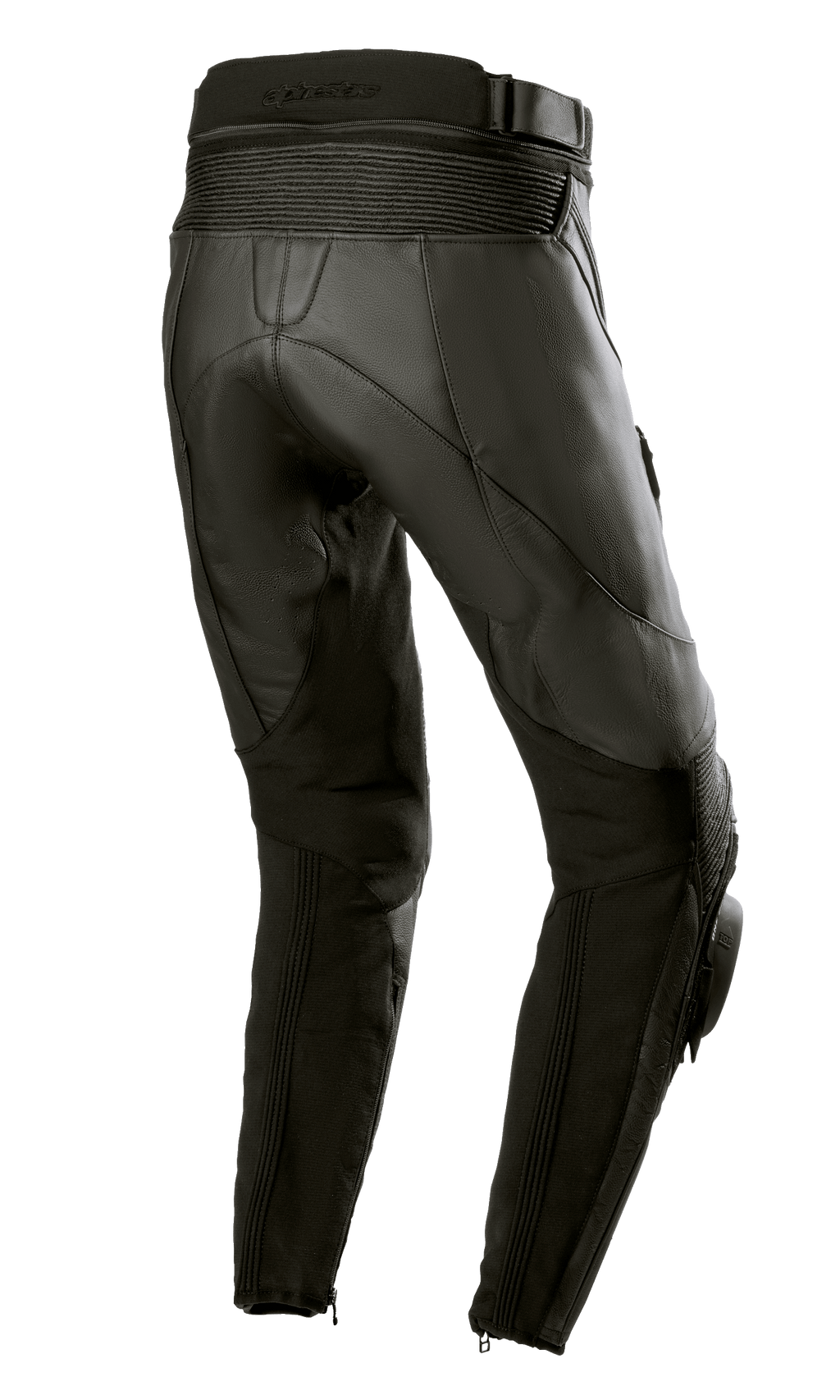 Pantalon en cuir Stella Missile V3 Alpinestars pour femme, Noir Noir, vue arrière montrant la taille haute et les zones d'extension en cuir accordéon au-dessus du genou, construction en cuir de bovin haut de gamme avec panneaux extensibles sur les mollets et fermetures éclair aux chevilles, conçu pour la course et la conduite sportive.