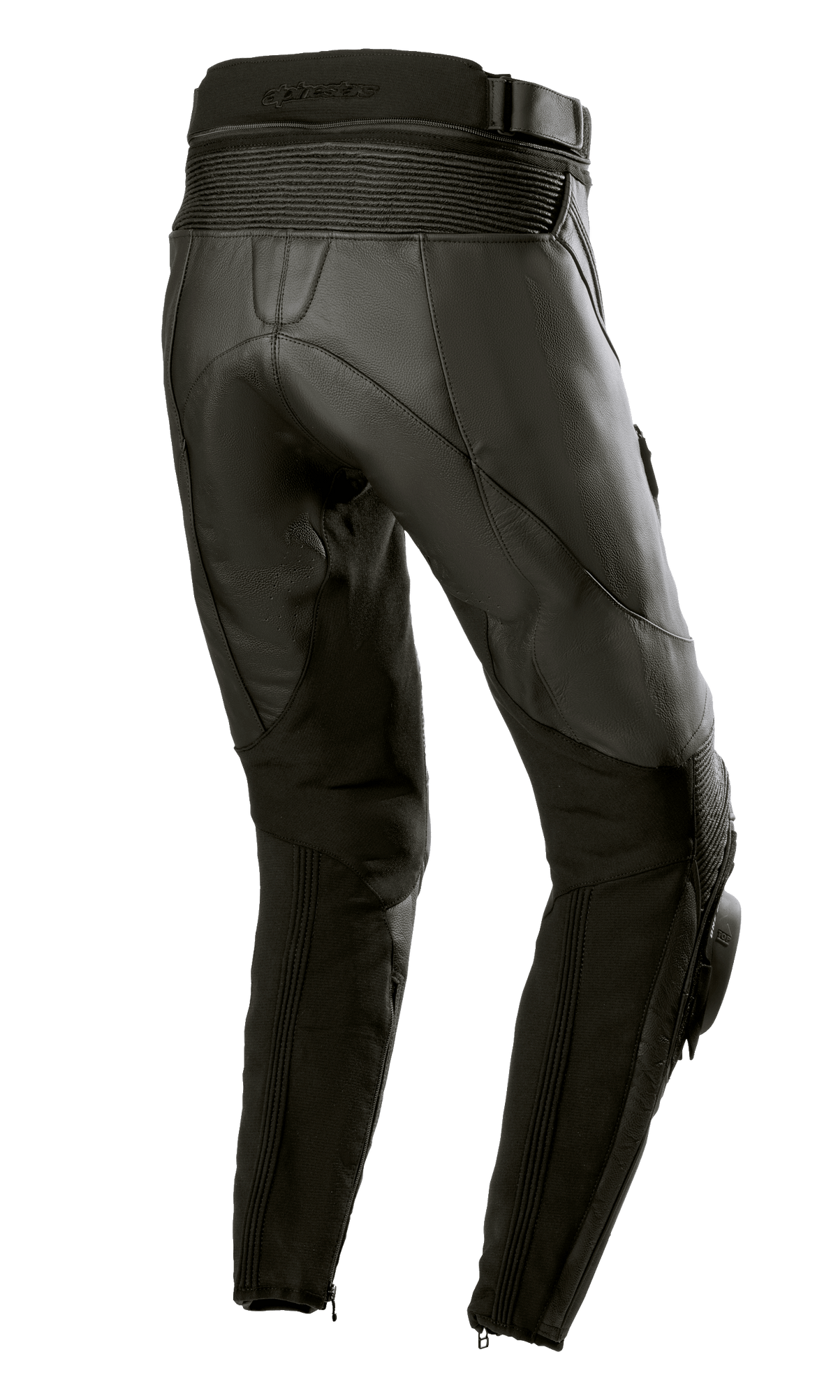Pantalon en cuir Stella Missile V3 Alpinestars pour femme, Noir Noir, vue arrière montrant la taille haute et les zones d'extension en cuir accordéon au-dessus du genou, construction en cuir de bovin haut de gamme avec panneaux extensibles sur les mollets et fermetures éclair aux chevilles, conçu pour la course et la conduite sportive.