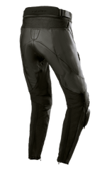 Pantalon en cuir Stella Missile V3 Alpinestars pour femme, Noir Noir, vue arrière montrant la taille haute et les zones d'extension en cuir accordéon au-dessus du genou, construction en cuir de bovin haut de gamme avec panneaux extensibles sur les mollets et fermetures éclair aux chevilles, conçu pour la course et la conduite sportive.