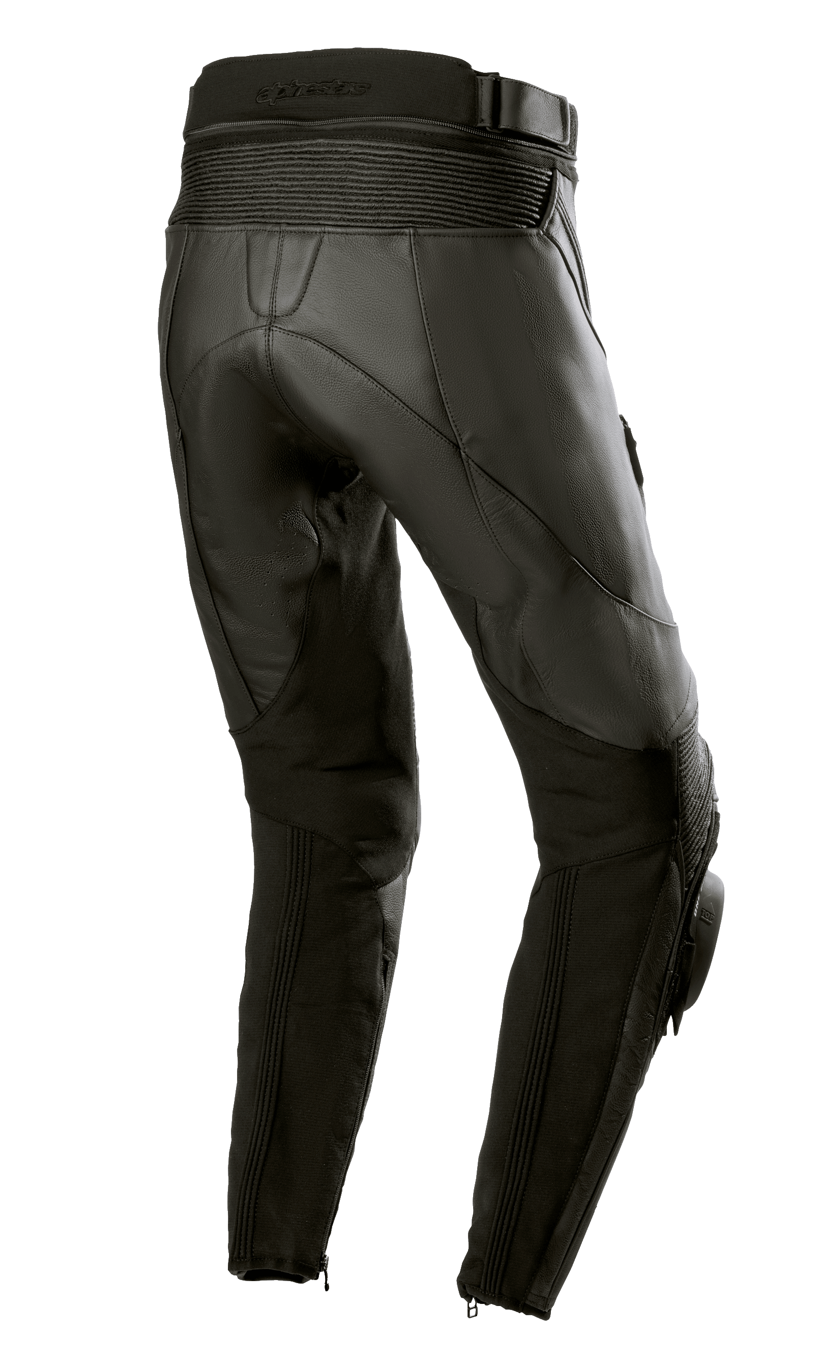 Pantalon en cuir Stella Missile V3 Alpinestars pour femme, Noir Noir, vue arrière montrant la taille haute et les zones d'extension en cuir accordéon au-dessus du genou, construction en cuir de bovin haut de gamme avec panneaux extensibles sur les mollets et fermetures éclair aux chevilles, conçu pour la course et la conduite sportive.