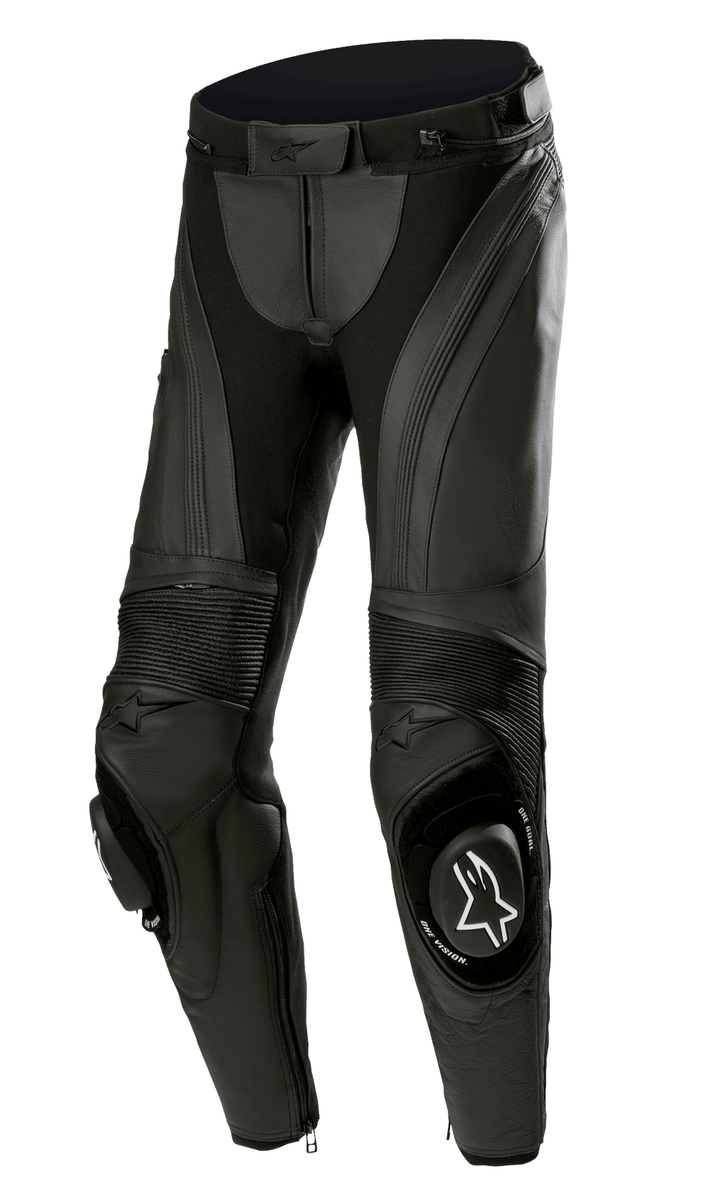 Alpinestars Stella Missile V3, pantalon de course de moto en cuir pour femme, noir, doté de cuir haut de gamme avec panneaux extensibles en accordéon, sliders de genoux remplaçables avec logo Alpinestars blanc et design ergonomique préformé