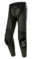 Alpinestars Stella Missile V3, pantalon de course de moto en cuir pour femme, noir, doté de cuir haut de gamme avec panneaux extensibles en accordéon, sliders de genoux remplaçables avec logo Alpinestars blanc et design ergonomique préformé
