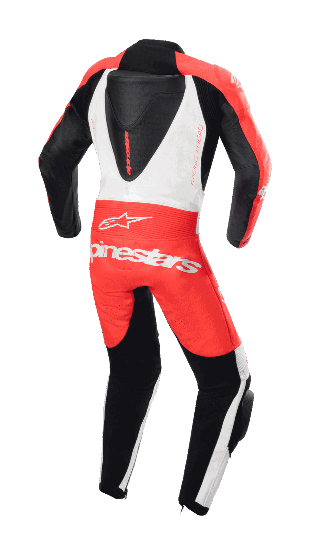 Combinaison en cuir Alpinestars Youth GP Plus V2, vue arrière, rouge fluo, blanc et noir, avec bosse dorsale aérodynamique et logo Alpinestars, design de course professionnel pour jeunes pilotes