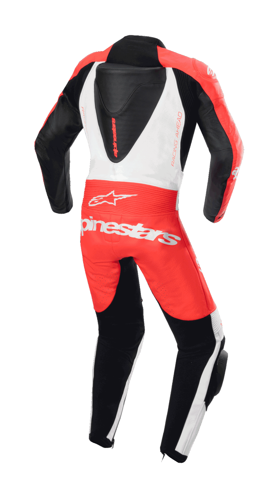 Combinaison en cuir Alpinestars Youth GP Plus V2, vue arrière, rouge fluo, blanc et noir, avec bosse dorsale aérodynamique et logo Alpinestars, design de course professionnel pour jeunes pilotes