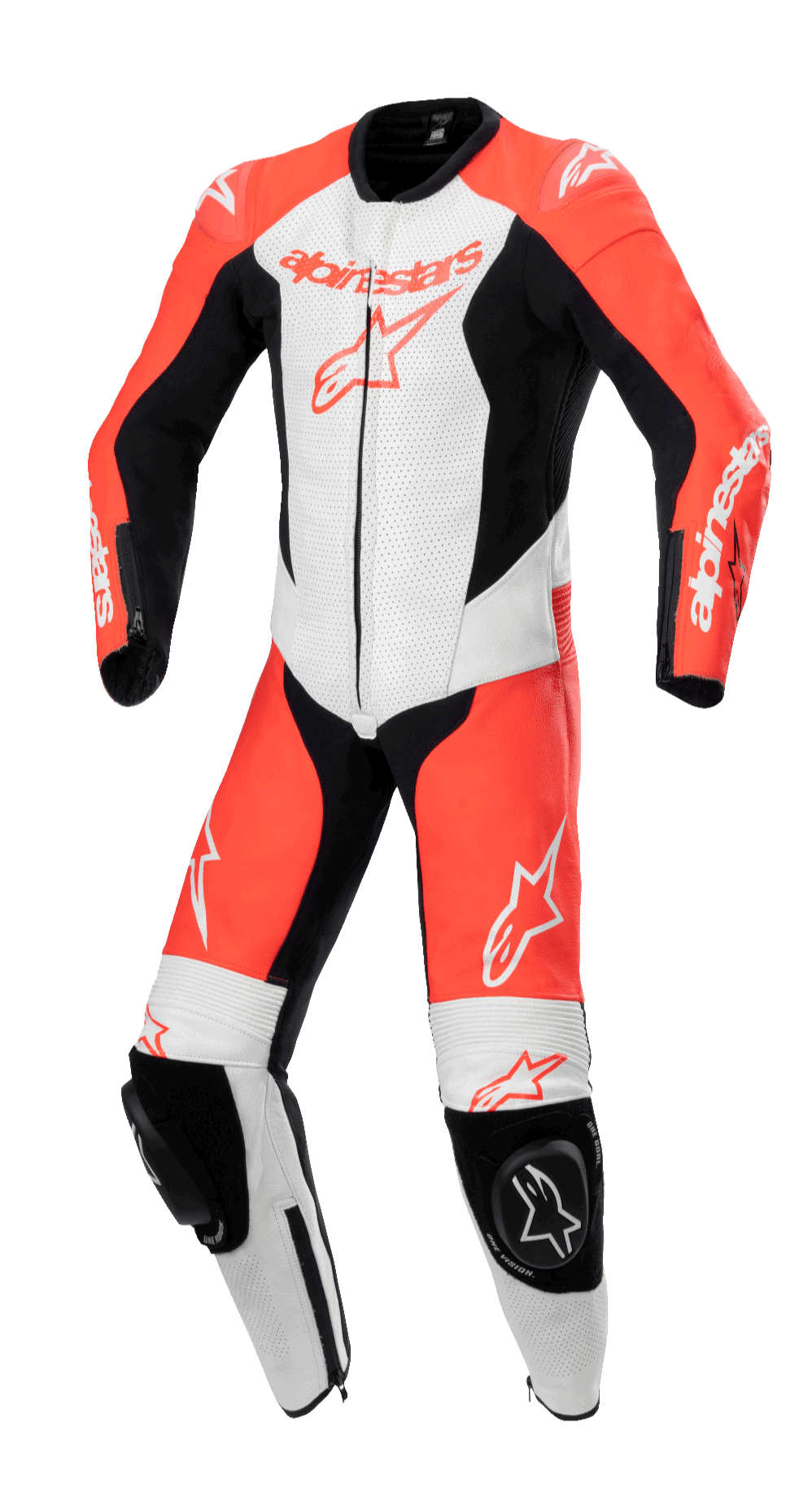Alpinestars Youth GP Plus V2 1-Piece Leather Suit, combinaison de course moto, rouge fluo, blanc et noir, avec panneaux de ventilation perforés, sliders de genou noirs avec logo Astar et coupe racing aérodynamique pour les jeunes pilotes
