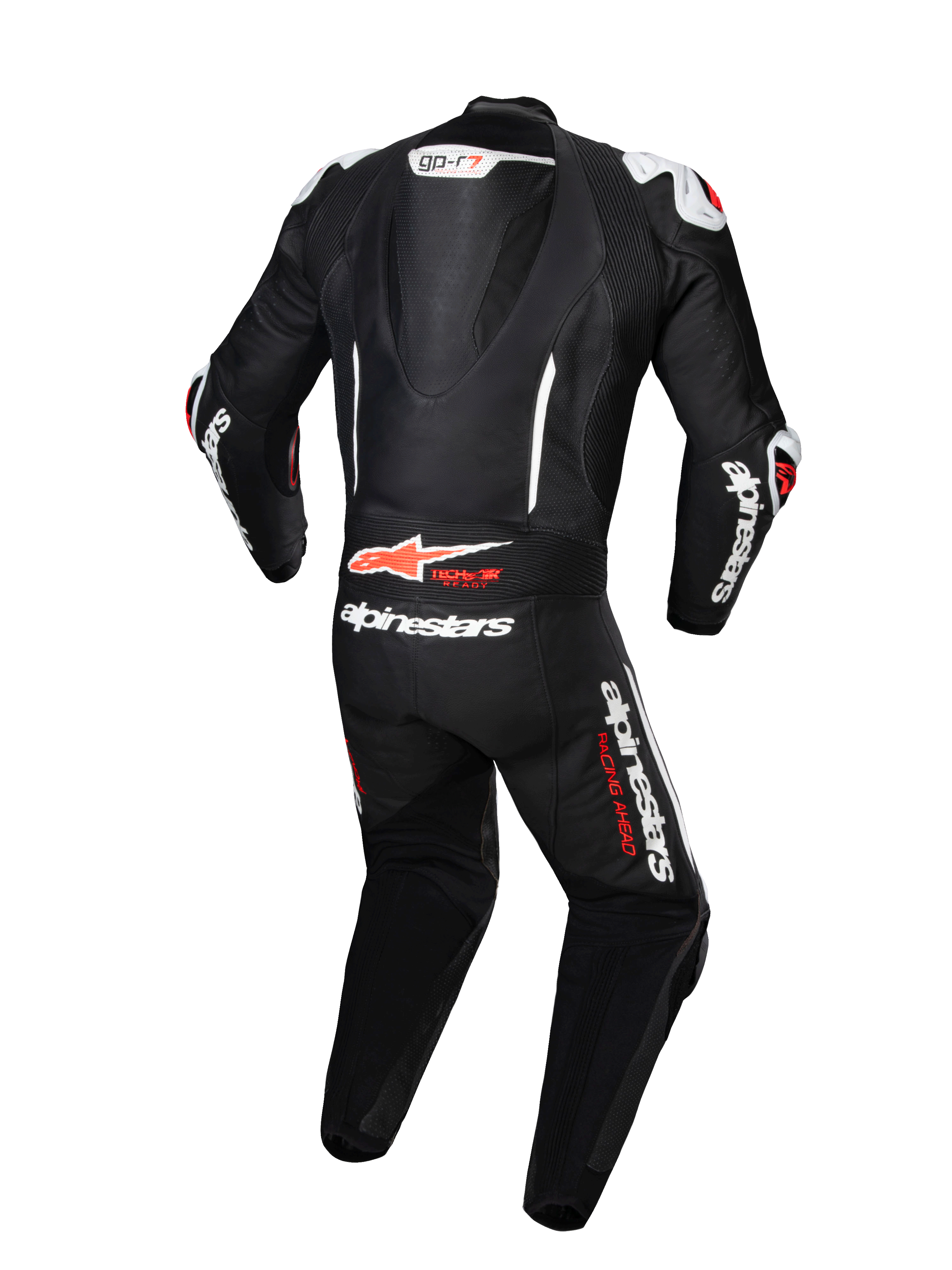 Alpinestars GP-R7 1-Piece Leather Suit, black and white Tech-Air ready racing gear with aerodynamic speed hump.