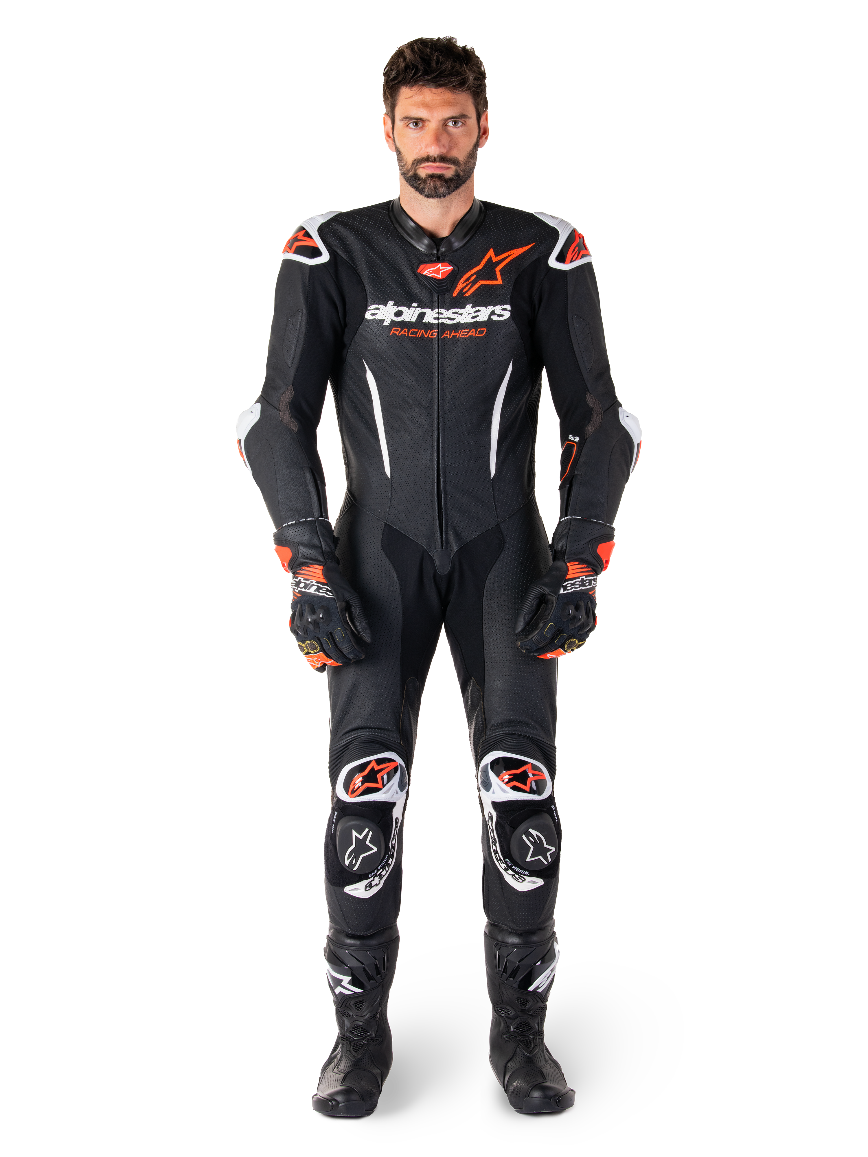 Alpinestars GP-R7 One Piece Leather Suit for men, professional motorcycle racing gear in Black and Red Fluo.