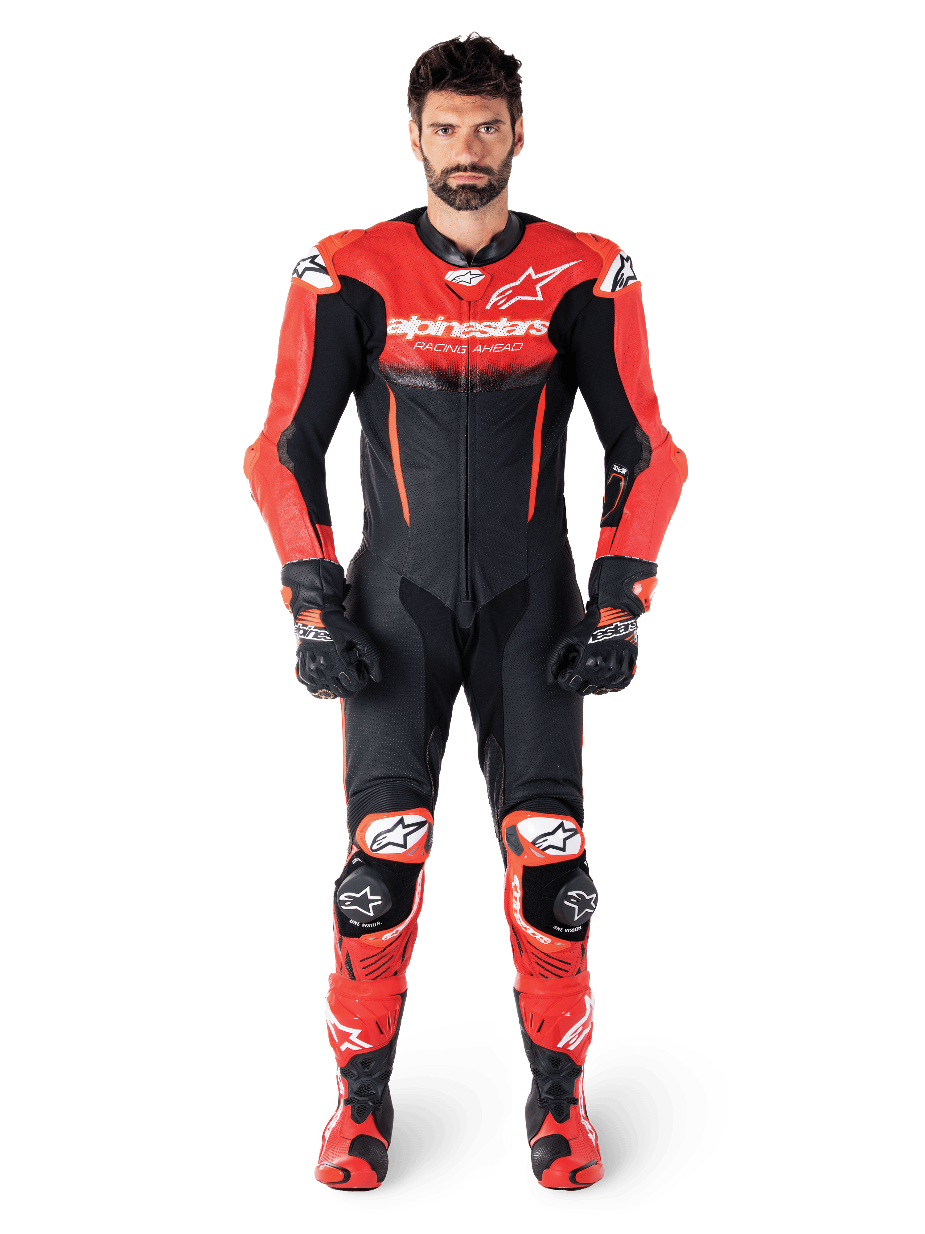 Alpinestars GP-R7, combinaison en cuir pour homme, noire et rouge, cuir bovin premium et coupe racing, vue de face sur mannequin.
