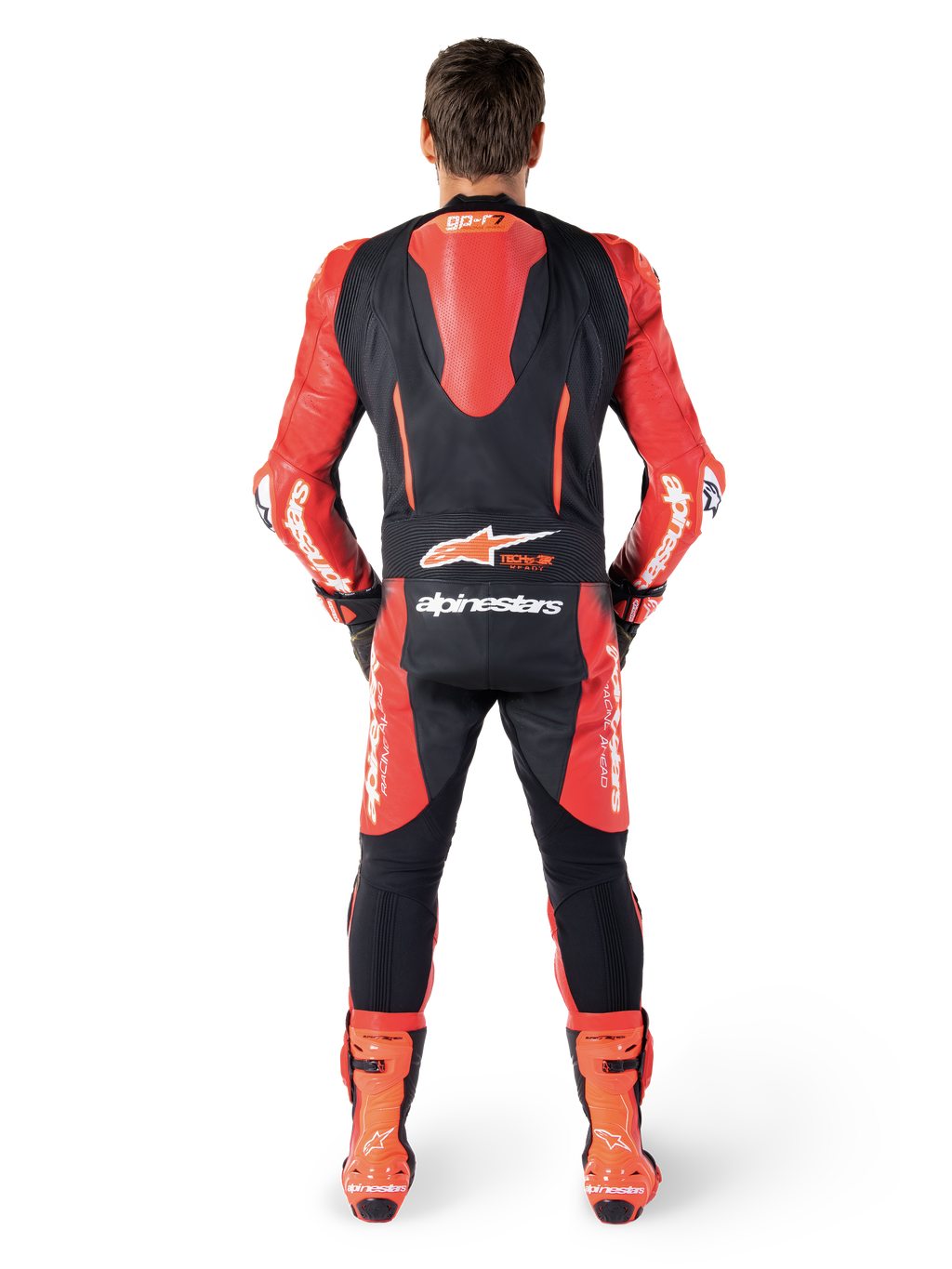 Alpinestars GP-R7 1 Pièce, combinaison de course en cuir, noire et rouge, vue arrière avec bosse aérodynamique