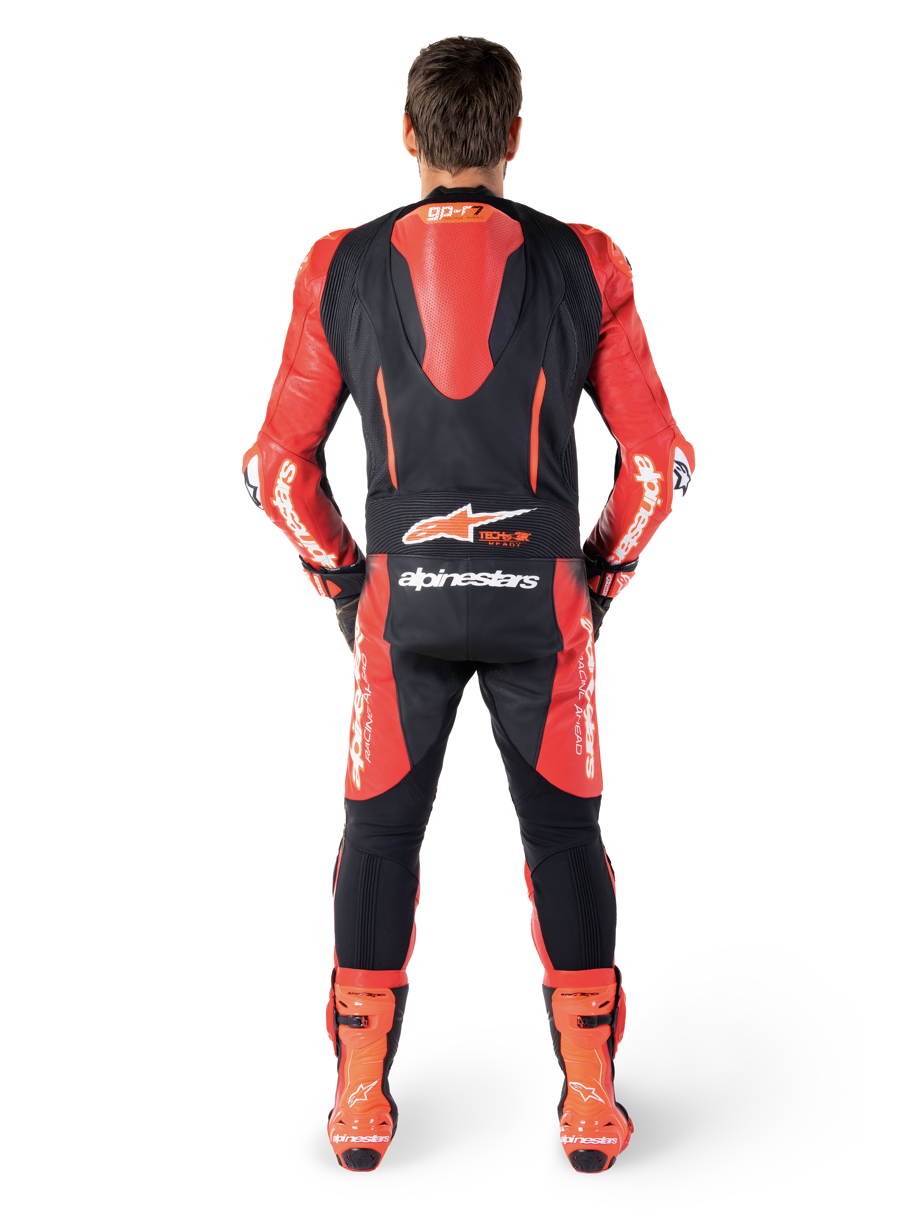Alpinestars GP-R7 1 Pièce, combinaison de course en cuir, noire et rouge, vue arrière avec bosse aérodynamique