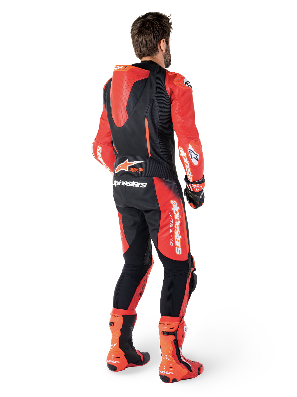 Alpinestars GP-R7 1 Pièce, combinaison en cuir de course moto, noire et rouge, vue arrière avec bosse aérodynamique.