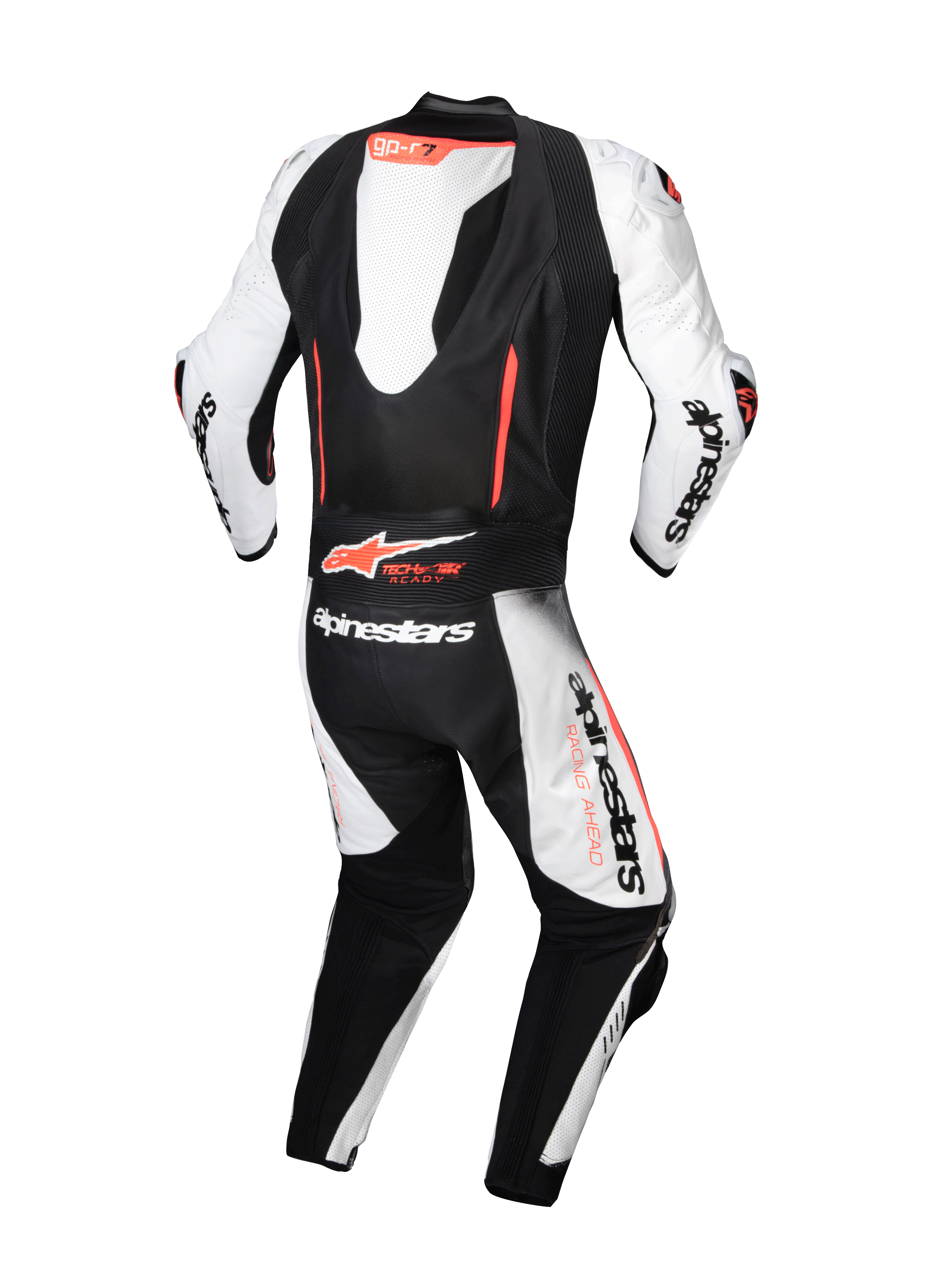 Combinaison en cuir Alpinestars GP-R7 1 pièce, blanche, noire et rouge, bosse aérodynamique, compatible Tech-Air, vue de dos