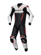 Alpinestars GP-R7, combinaison en cuir de course moto, blanche, noire et rouge fluo, compatible Tech-Air, certifiée CE.