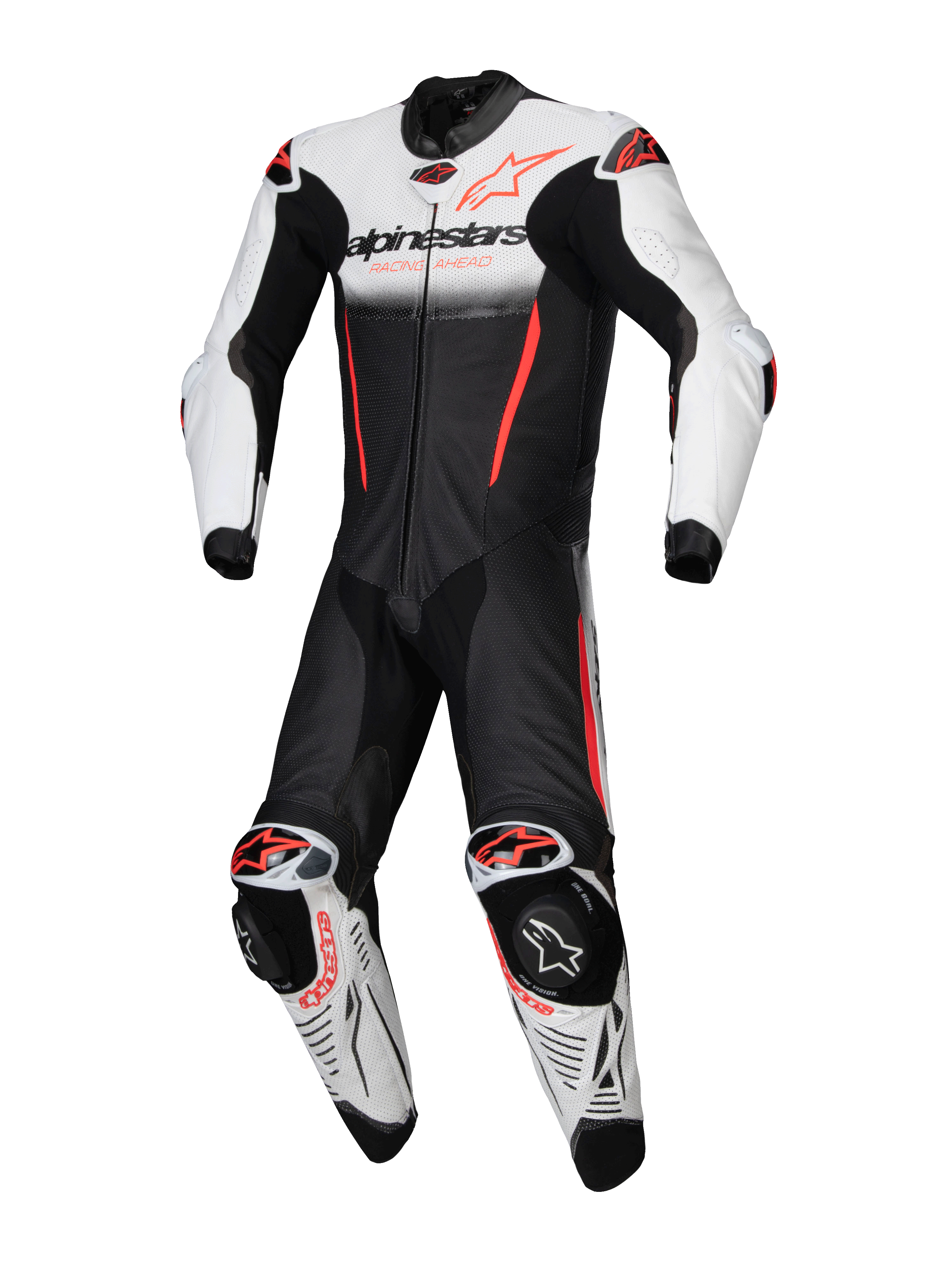 Alpinestars GP-R7, combinaison en cuir de course moto, blanche, noire et rouge fluo, compatible Tech-Air, certifiée CE.
