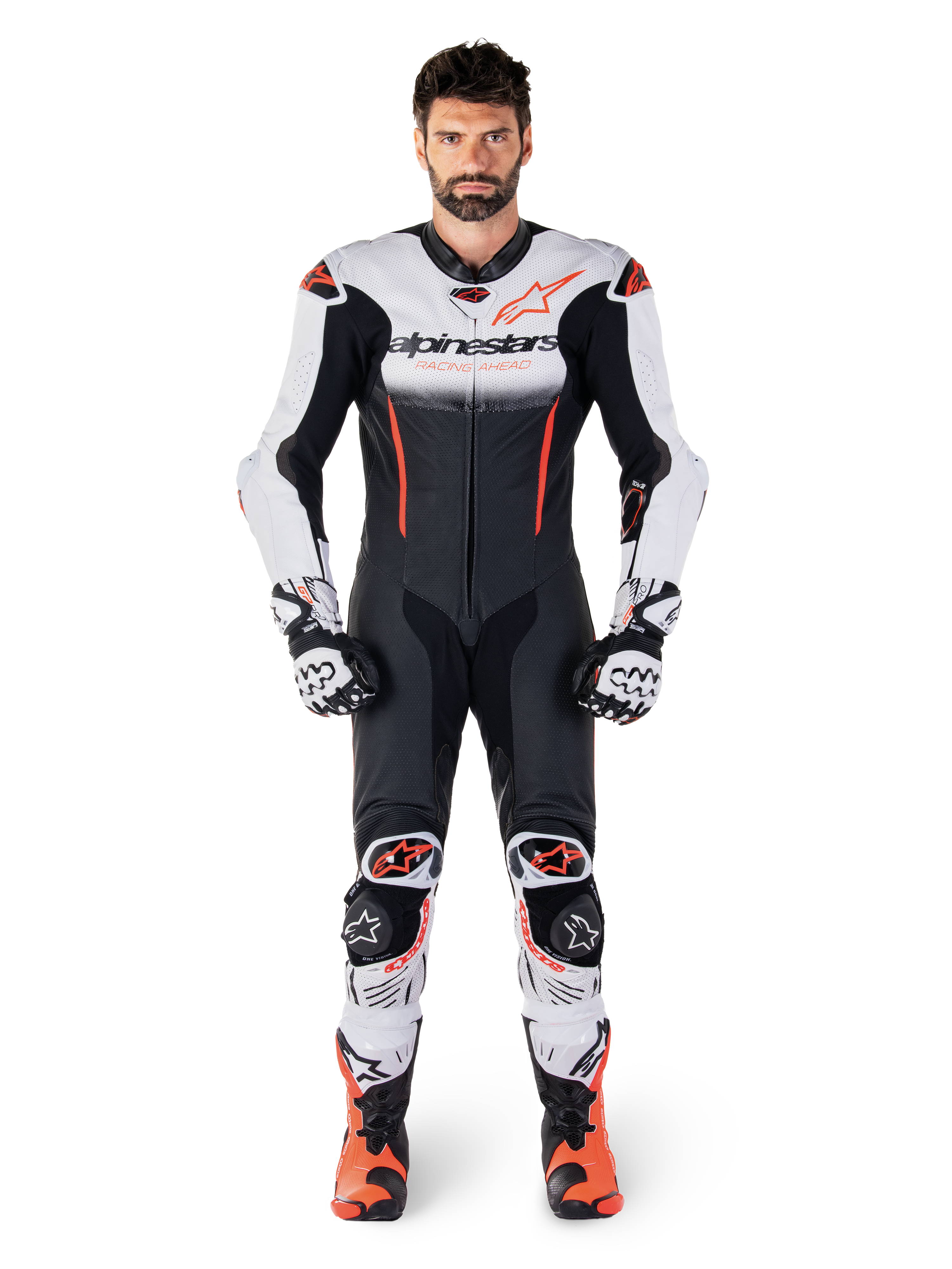 Alpinestars GP-R7 1-Piece Leather Suit in White, Black and Red Fluo, premium leather motorcycle racing gear for men.