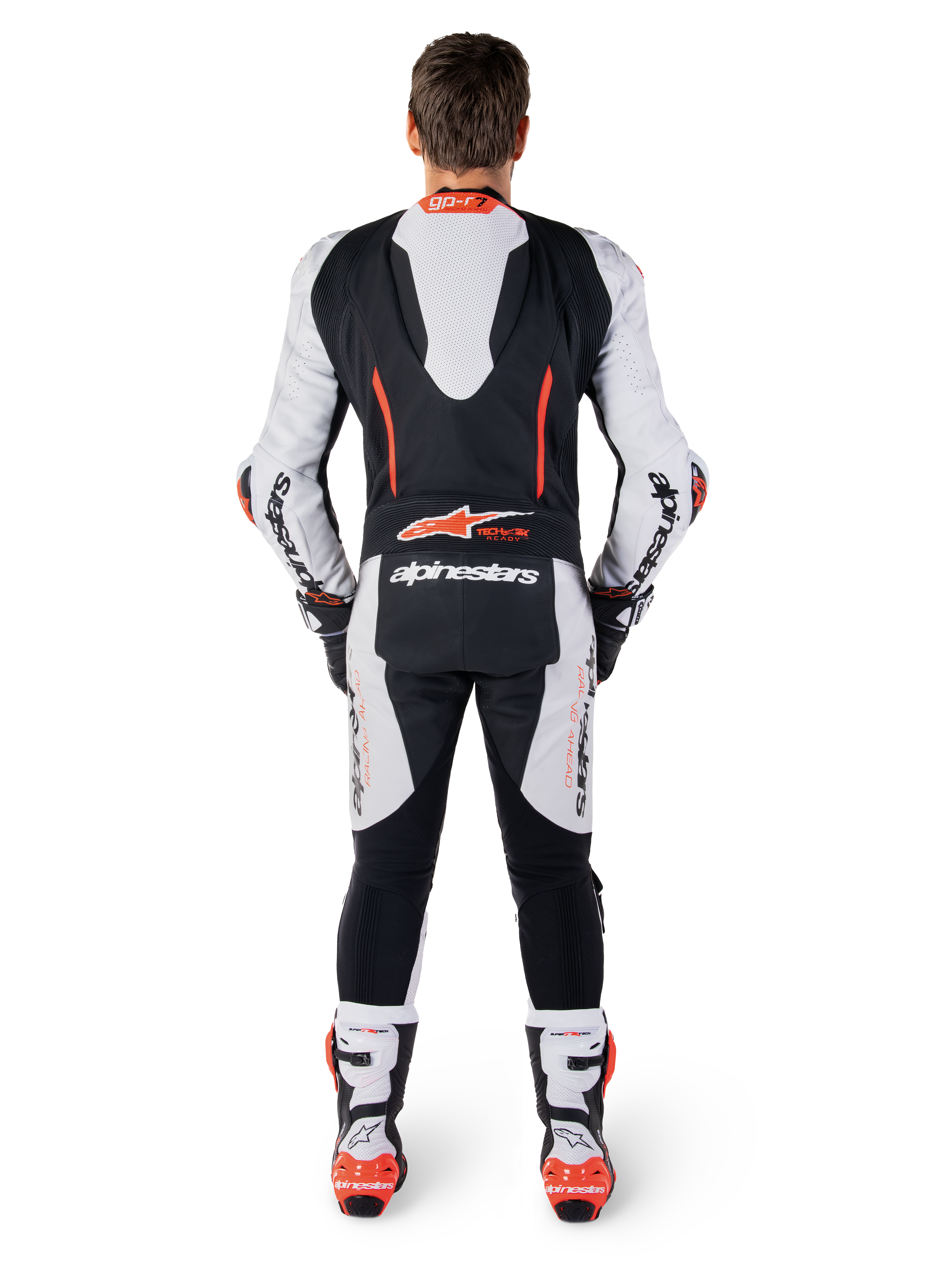 Combinaison en cuir Alpinestars GP-R7 1 Pièce, vue arrière sur mannequin, blanc et noir, bosse aérodynamique