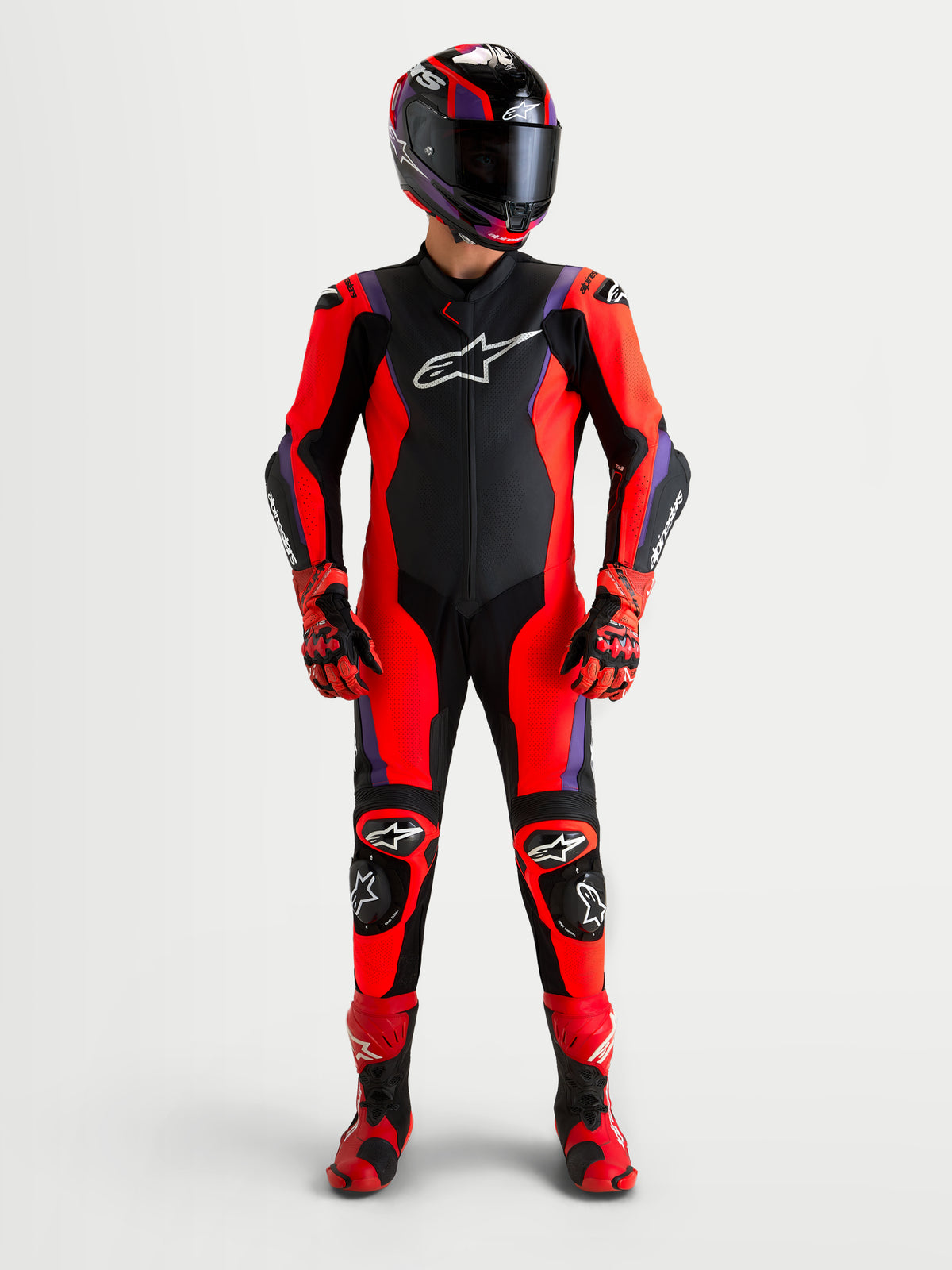 Combinaison en cuir Missile V3 1 pièce d'Alpinestars, combinaison moto racing pour homme, noire, rouge fluo et violette, certifiée AAA