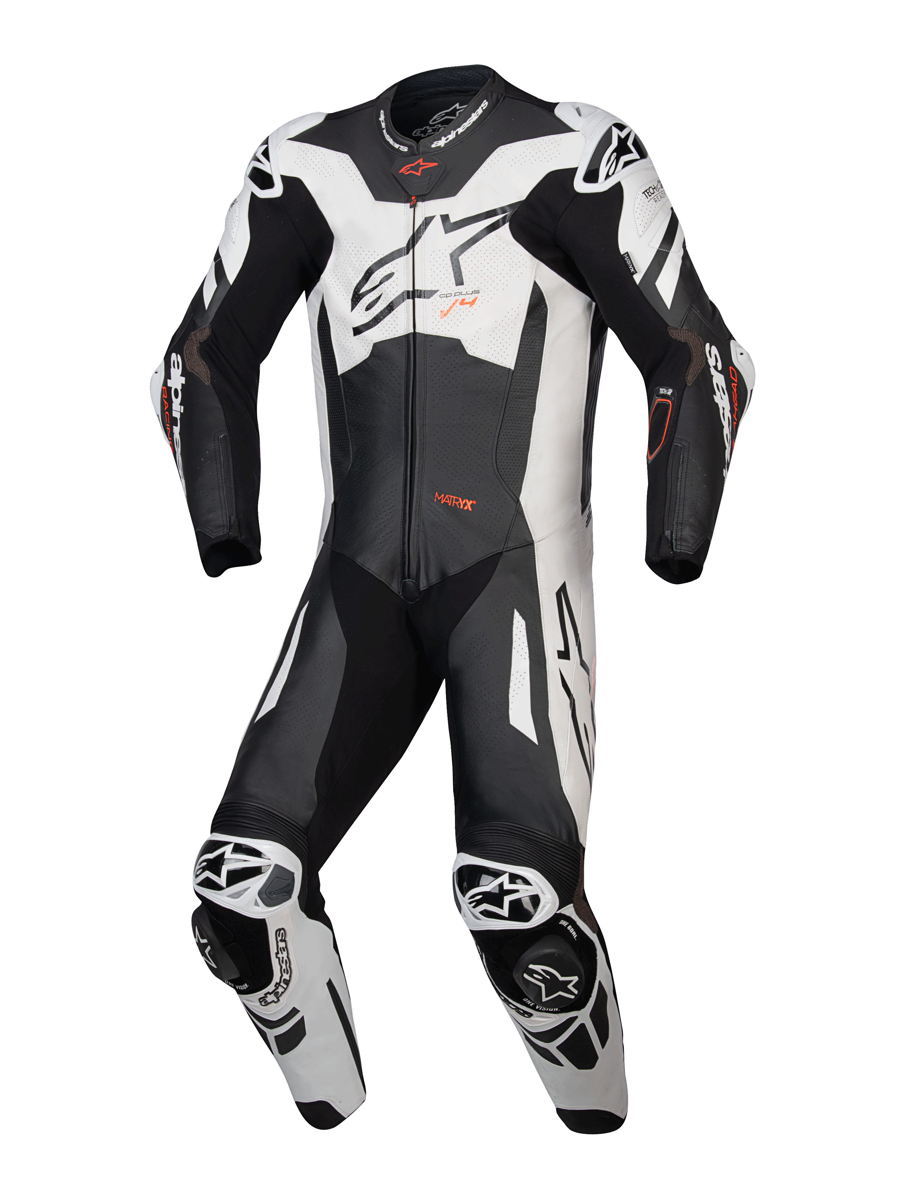 Alpinestars GP Plus V4 Sprint 1 pièce, combinaison noire et blanche avec détails rouge fluo, certifiée CE AAA et compatible Tech-Air.