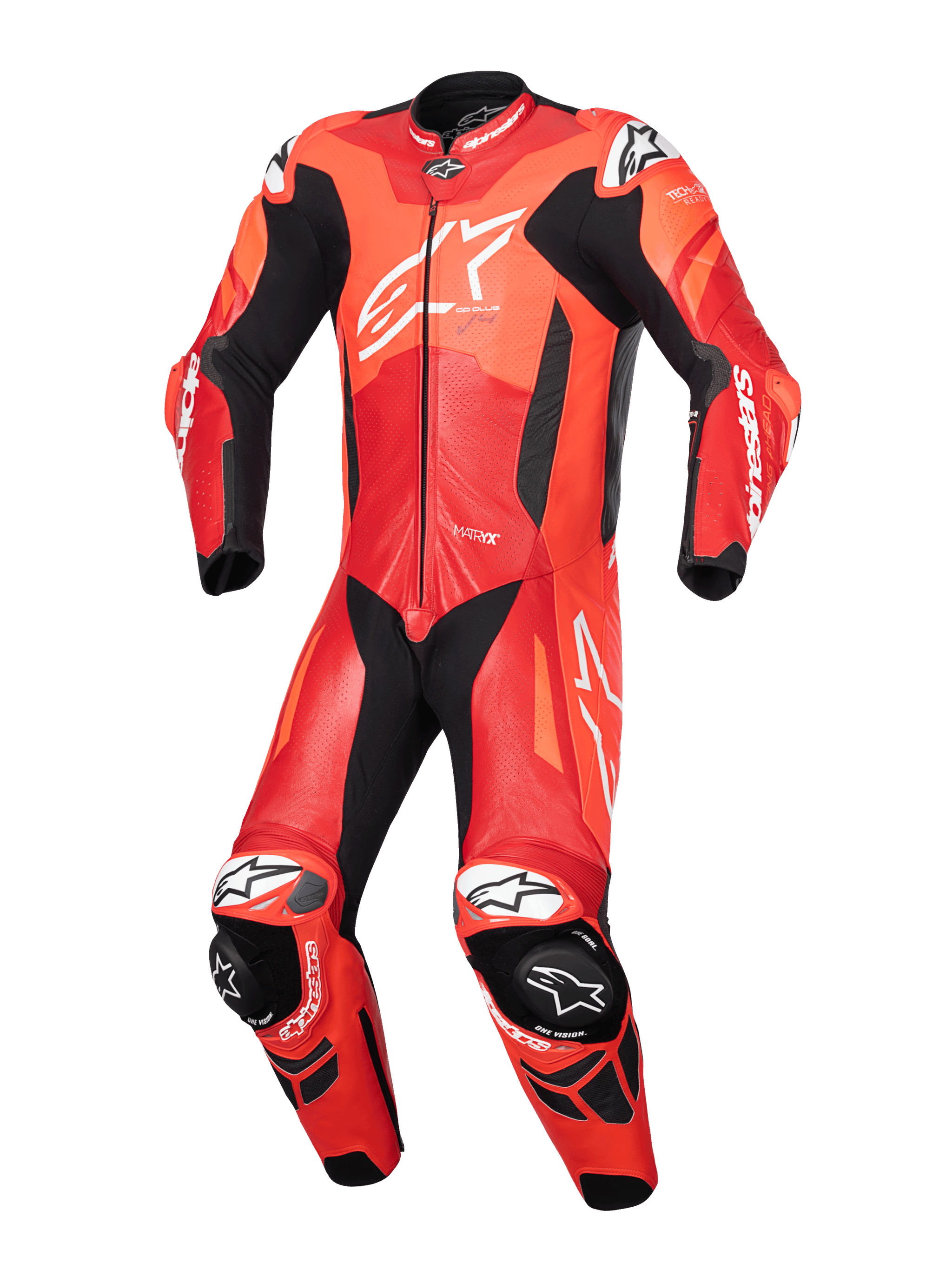 Alpinestars GP Plus V4 Sprint 1 pièce, combinaison en cuir de course pour homme, rouge fluo et blanche, certifiée CE.