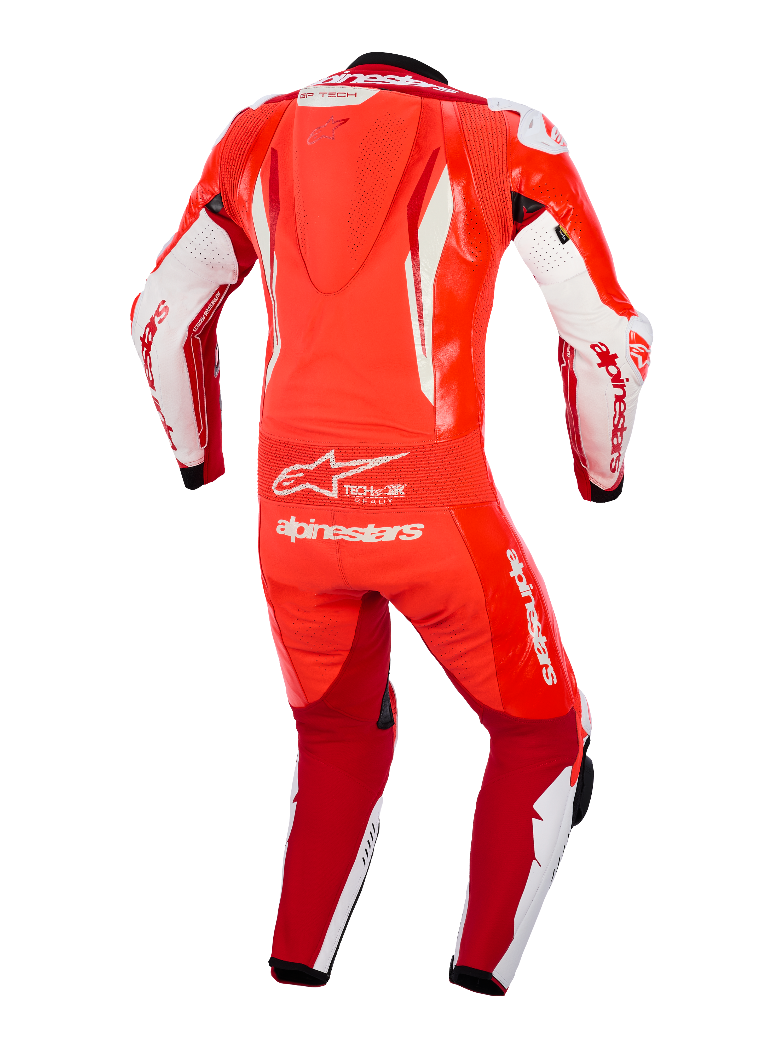 Alpinestars GP Tech V5 One Piece Leather Suit, Red Fluo Bright Red and White, rear view showing aerodynamic speed hump, flexible accordion waist panel, and prominent white Alpinestars branding, professional racing apparel for motorcycle track use.