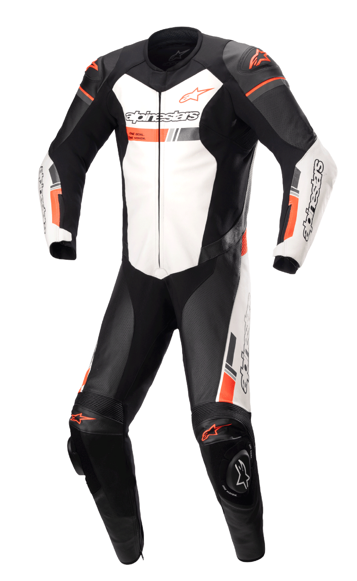 Alpinestars GP Force Chaser One Piece Leather Suit, Professional Motorcycle Racing Suit, Black and White with Fluorescent Red Accents, Perforated Leather Panels, External Shoulder and Knee Protectors, Bovine Leather Construction