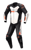 Alpinestars GP Force Chaser One Piece Leather Suit, Professional Motorcycle Racing Suit, Black and White with Fluorescent Red Accents, Perforated Leather Panels, External Shoulder and Knee Protectors, Bovine Leather Construction