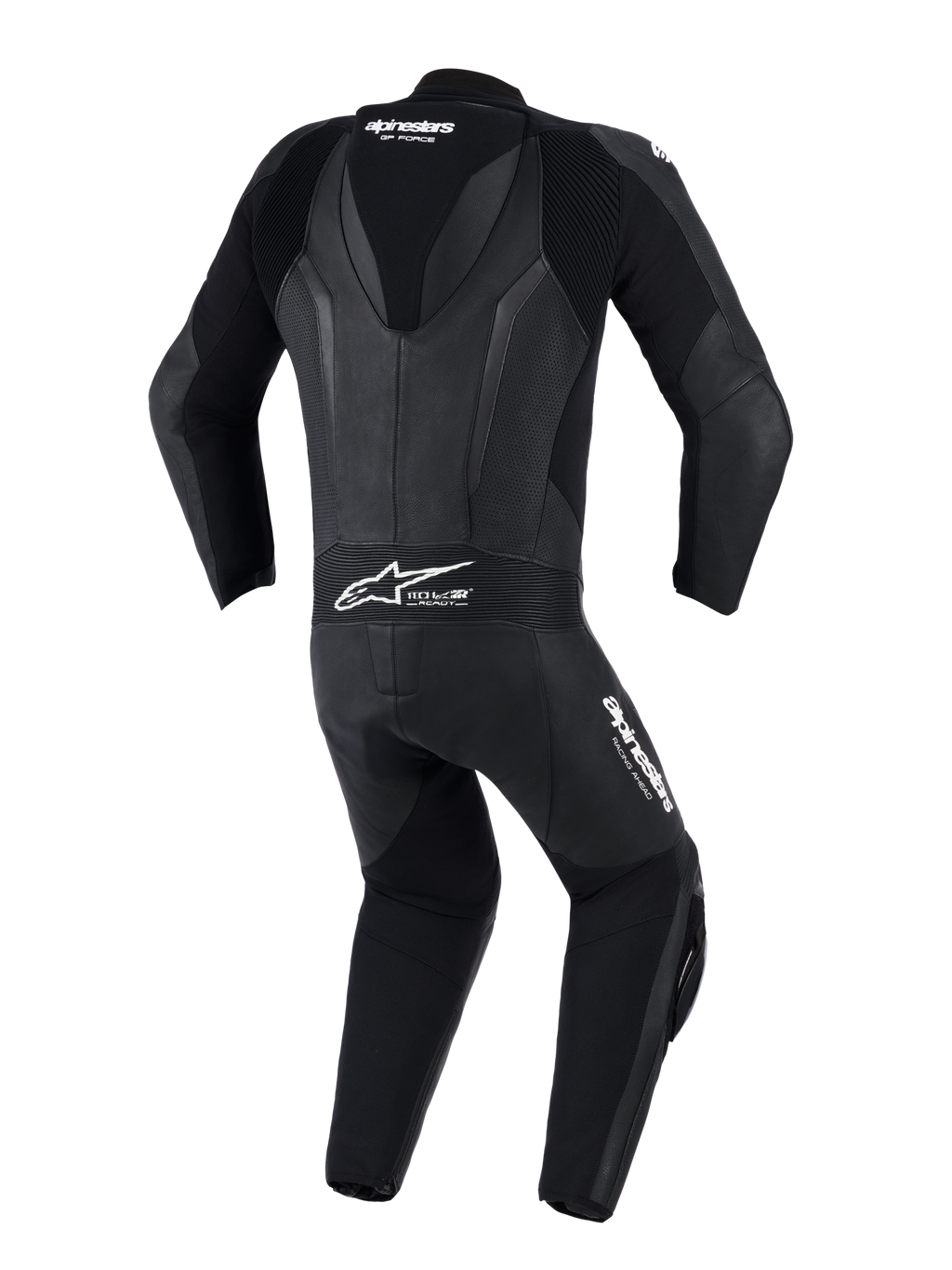 Combinaison en cuir Alpinestars GP Force V2 - 1 pièce, noire, vue arrière avec bosse aérodynamique, panneaux en cuir perforés et zones extensibles en accordéon sur les épaules et le bas du dos, logo Tech-Air Ready, équipement de pilotage professionnel pour piste et sport