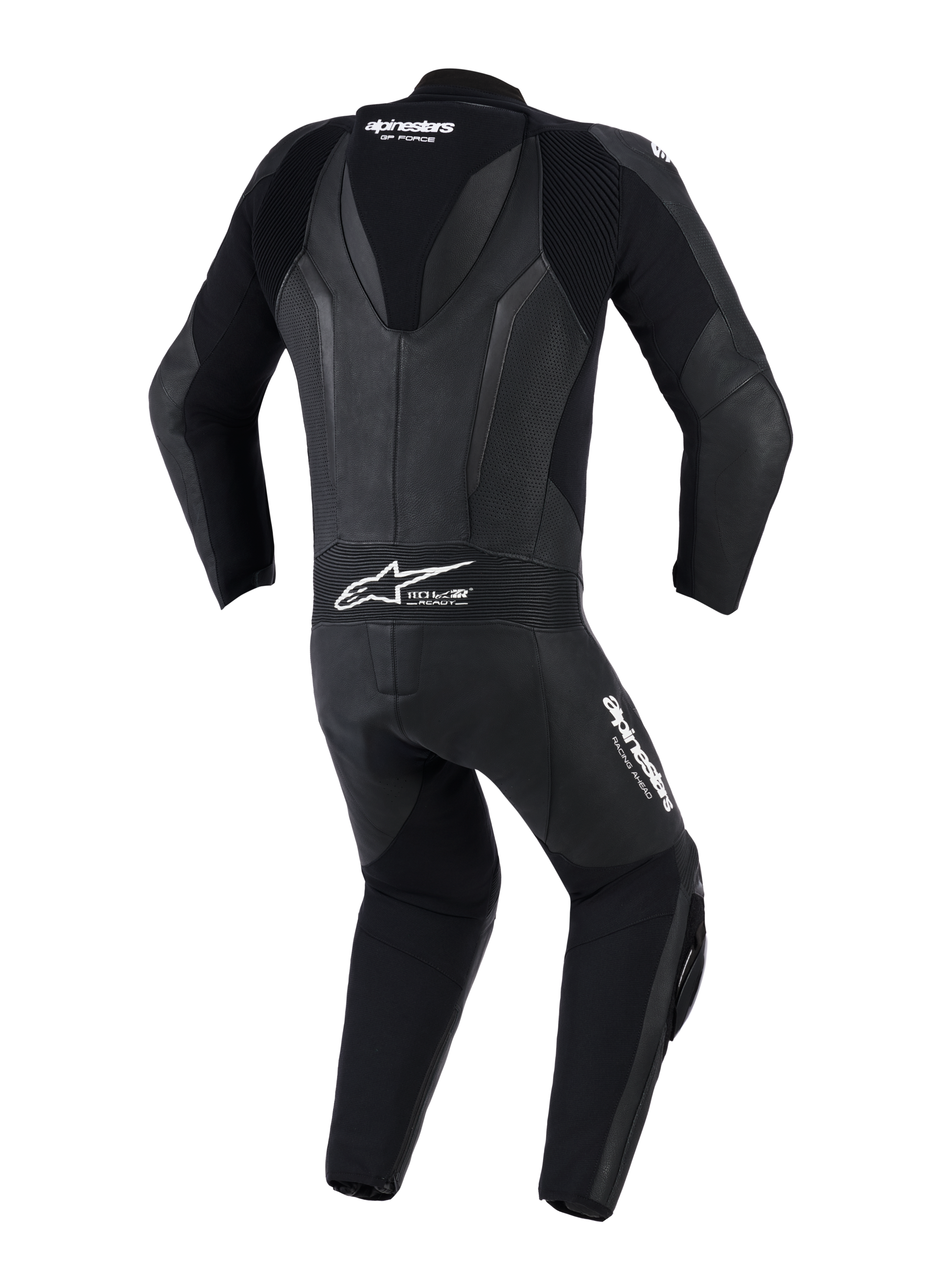 Combinaison en cuir Alpinestars GP Force V2 - 1 pièce, noire, vue arrière avec bosse aérodynamique, panneaux en cuir perforés et zones extensibles en accordéon sur les épaules et le bas du dos, logo Tech-Air Ready, équipement de pilotage professionnel pour piste et sport