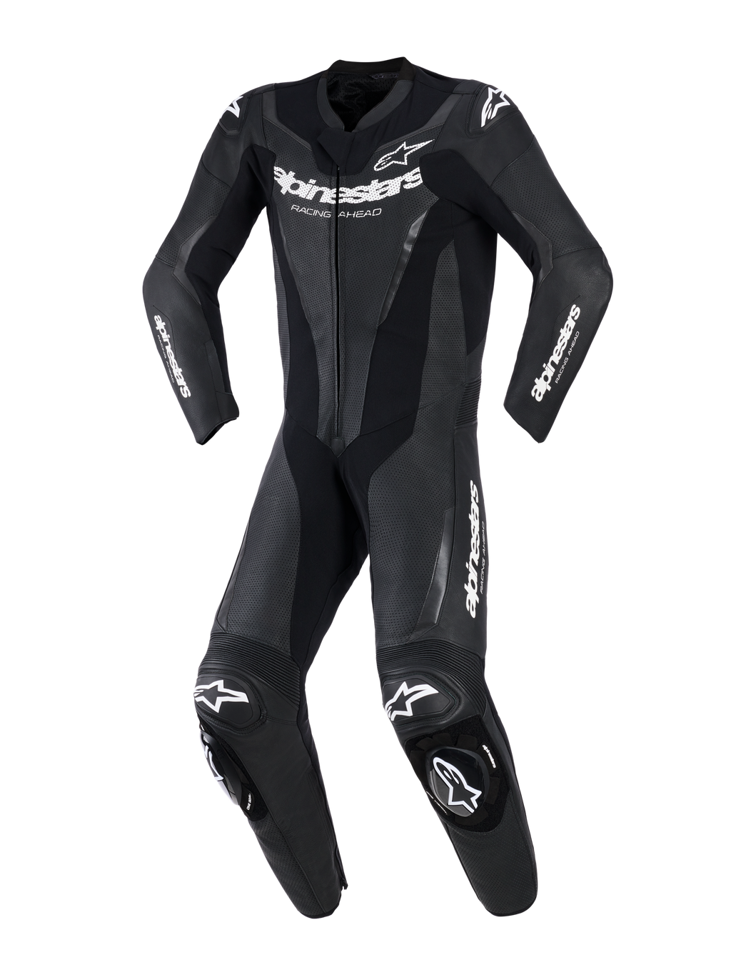 Alpinestars GP Force V2 Leather Suit - 1 pièce, noir, combinaison de course moto professionnelle une pièce avec logos Alpinestars blancs sur la poitrine et les manches, panneaux en cuir perforé pour la ventilation, zones extensibles en accordéon et sliders de genou intégrés, vue de face.