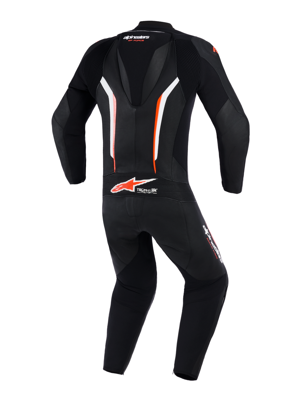 Combinaison en cuir Alpinestars GP Force V2 1 pièce, vue arrière, Noir Blanc et Rouge Fluo, dotée d'une bosse aérodynamique, de panneaux en cuir perforé pour la ventilation et du marquage Tech-Air Ready au bas du dos, équipement professionnel de course moto.