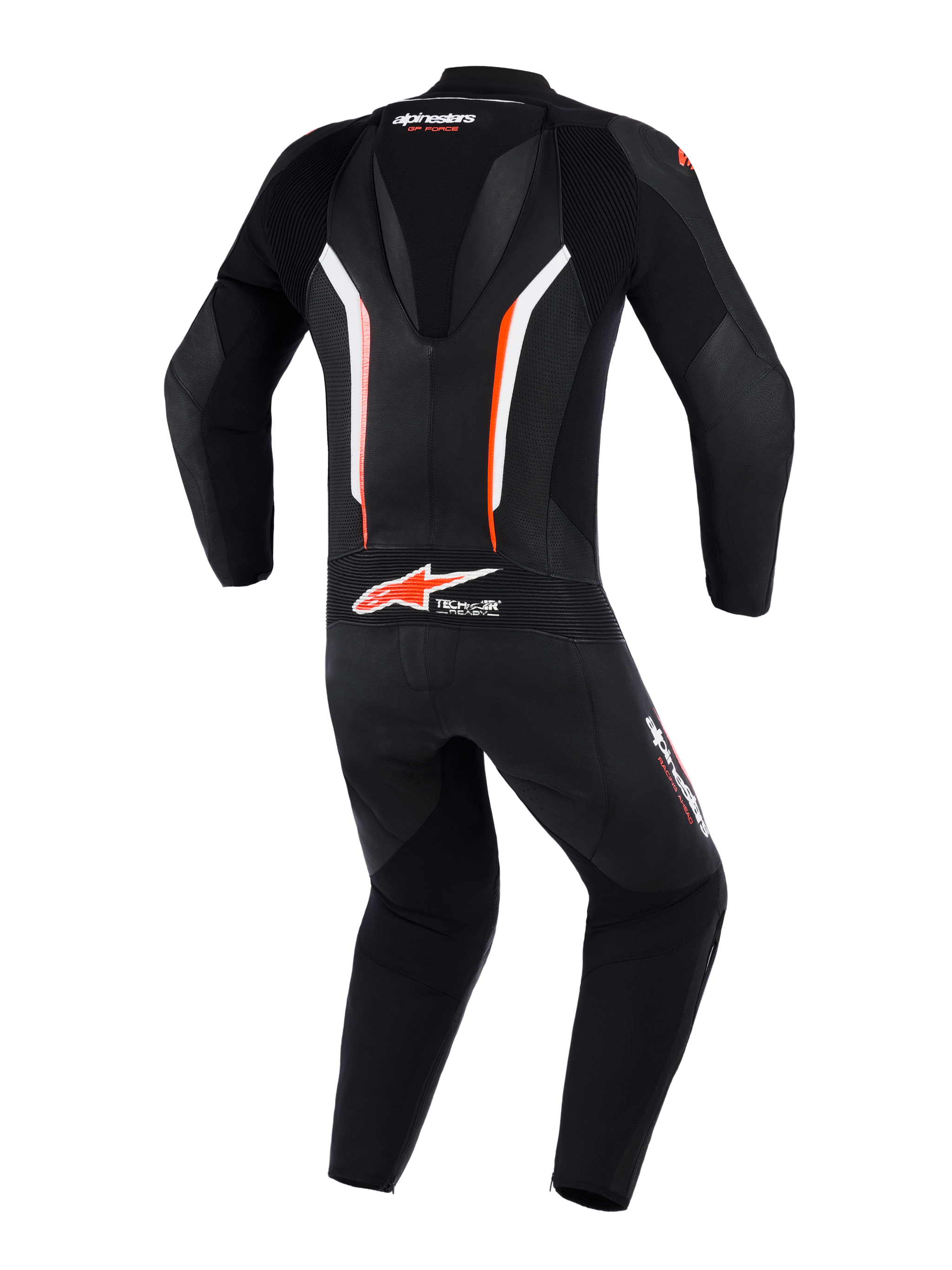 Combinaison en cuir Alpinestars GP Force V2 1 pièce, vue arrière, Noir Blanc et Rouge Fluo, dotée d'une bosse aérodynamique, de panneaux en cuir perforé pour la ventilation et du marquage Tech-Air Ready au bas du dos, équipement professionnel de course moto.