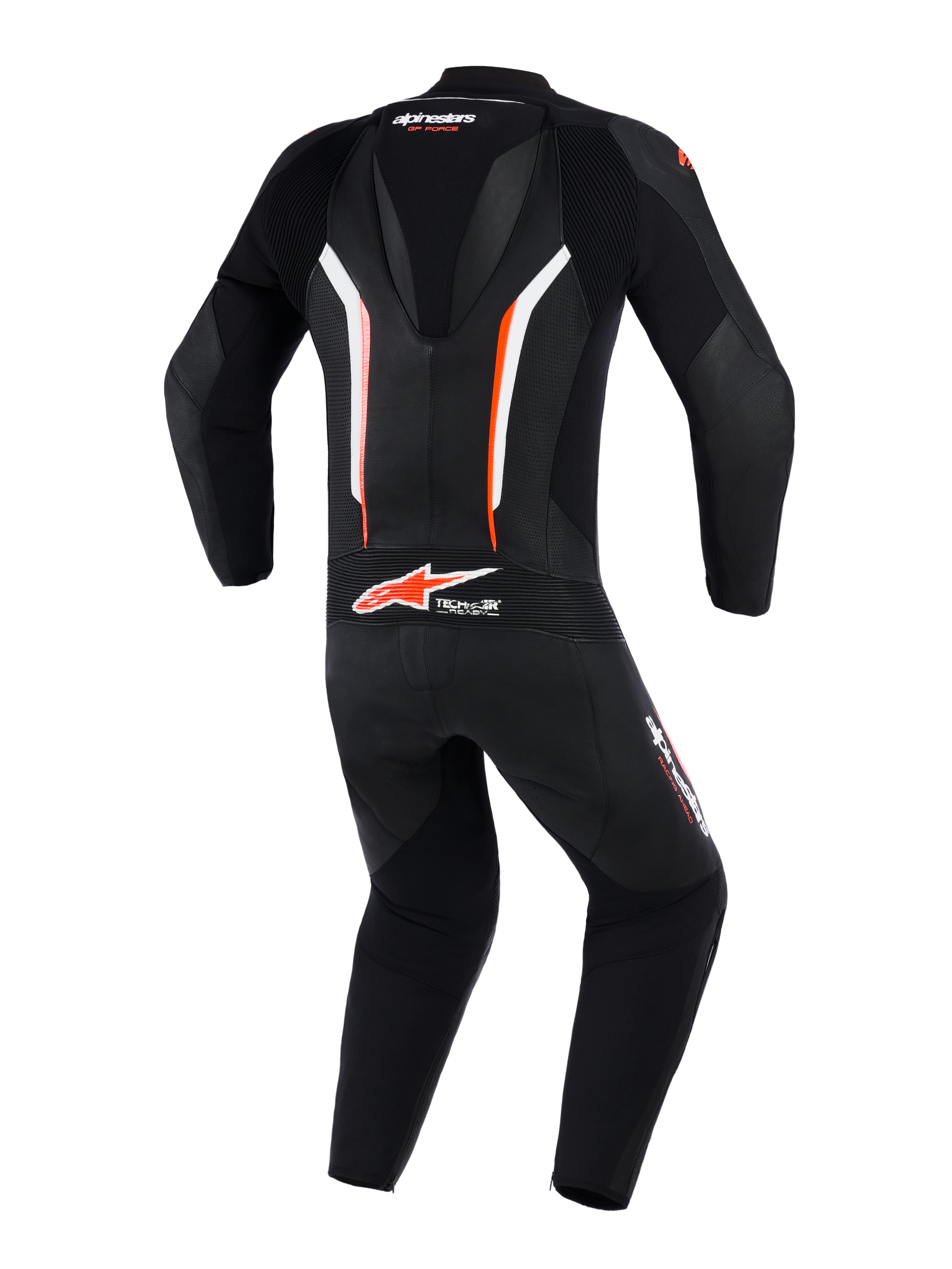 Combinaison en cuir Alpinestars GP Force V2 1 pièce, vue arrière, Noir Blanc et Rouge Fluo, dotée d'une bosse aérodynamique, de panneaux en cuir perforé pour la ventilation et du marquage Tech-Air Ready au bas du dos, équipement professionnel de course moto.