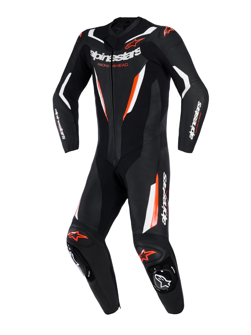 Combinaison en cuir Alpinestars GP Force V2, combinaison de course moto 1 pièce, noir, blanc et rouge fluo, avec panneaux en cuir perforé, détails blancs et rouge fluorescent, logos Alpinestars sur la poitrine et les manches, conception professionnelle adaptée à la piste.