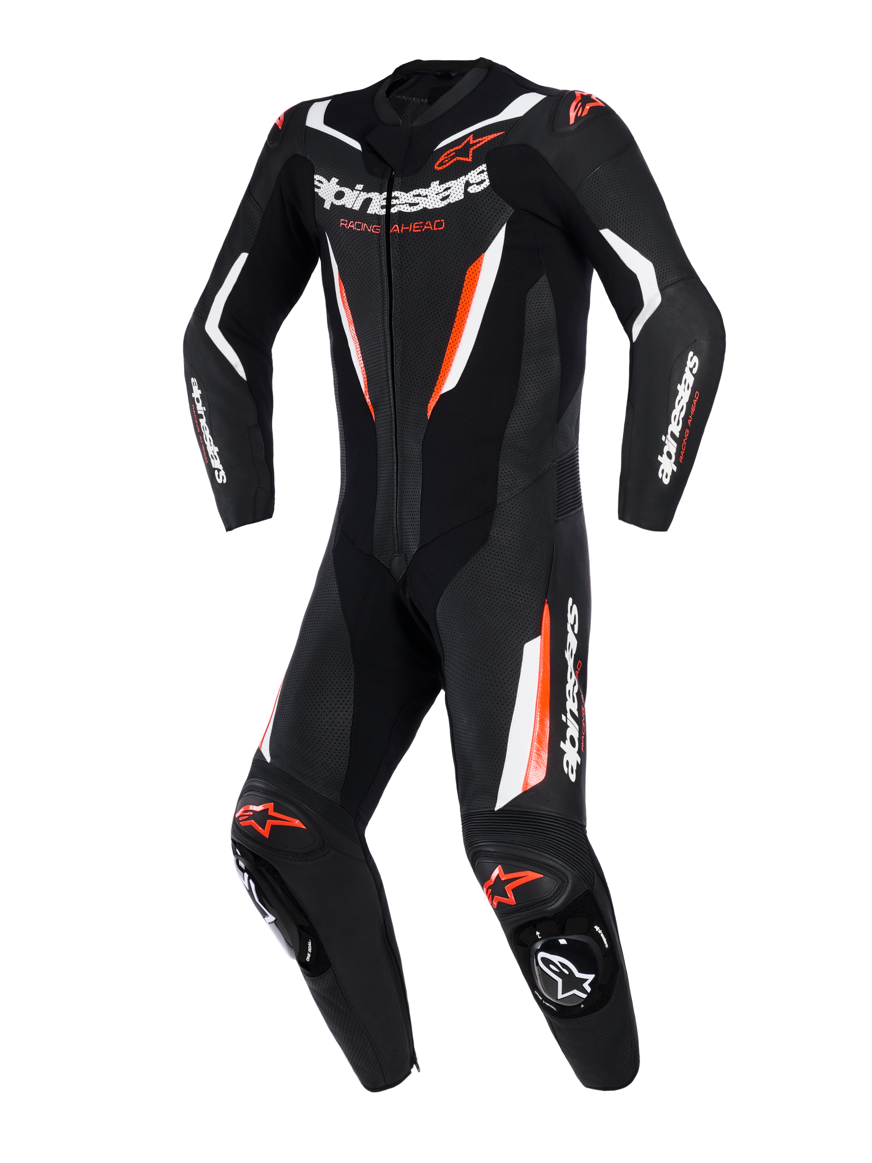 Combinaison en cuir Alpinestars GP Force V2, combinaison de course moto 1 pièce, noir, blanc et rouge fluo, avec panneaux en cuir perforé, détails blancs et rouge fluorescent, logos Alpinestars sur la poitrine et les manches, conception professionnelle adaptée à la piste.