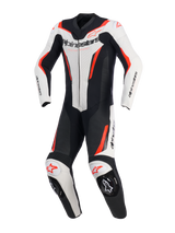 Combinaison en cuir Alpinestars GP Force V2 - 1 pièce, blanc, noir et rouge fluo, combinaison de course moto une pièce, vue de face, avec panneaux en cuir perforé, logo Alpinestars sur la poitrine et les épaules, et sliders de genou intégrés.