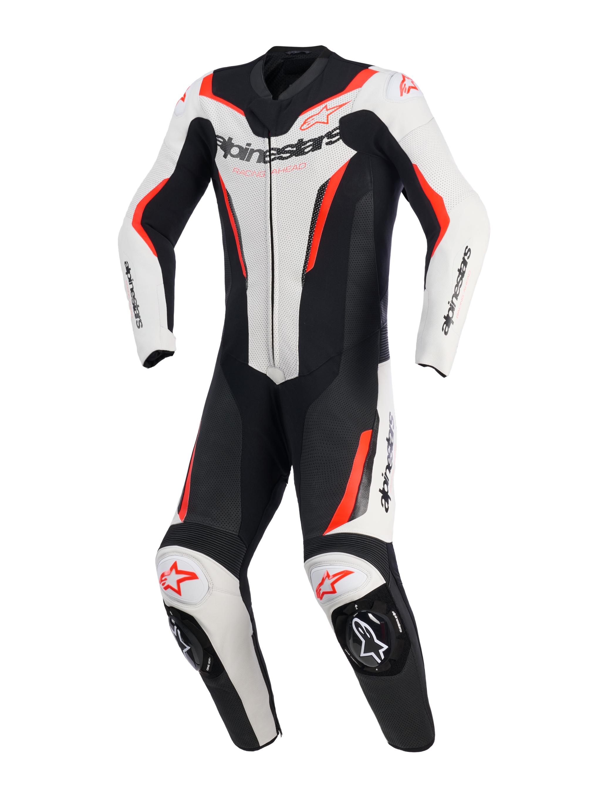 Combinaison en cuir Alpinestars GP Force V2 - 1 pièce, blanc, noir et rouge fluo, combinaison de course moto une pièce, vue de face, avec panneaux en cuir perforé, logo Alpinestars sur la poitrine et les épaules, et sliders de genou intégrés.