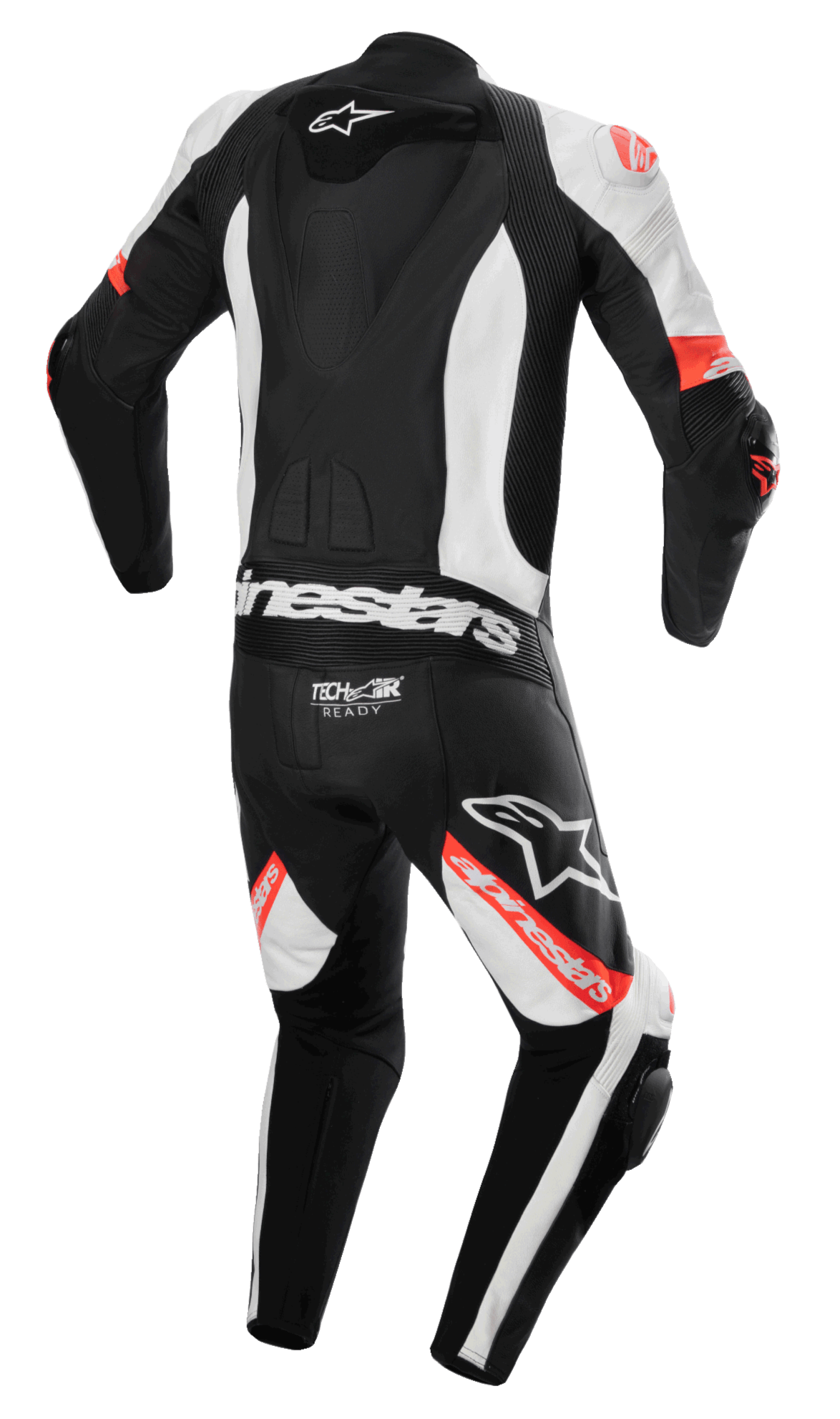 Alpinestars Missile V2 Ward 1-Piece Leather Suit, combinaison de moto, noir, blanc et rouge fluo, vue arrière avec bosse aérodynamique, logo Tech-Air Ready sur le bas du dos, zones extensibles en accordéon et marquage Alpinestars sur les jambes et le dos