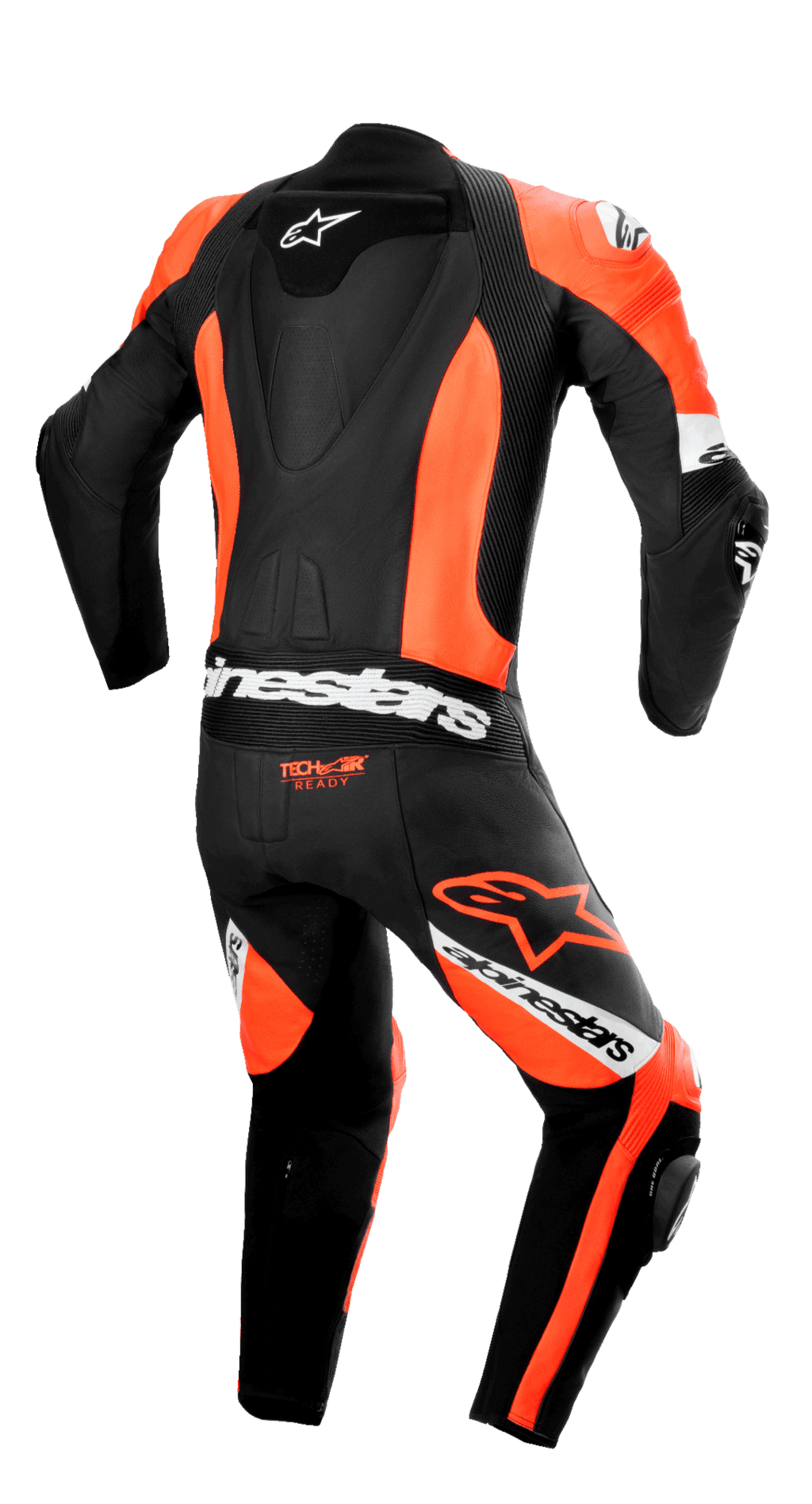 Combinaison en cuir 1 pièce Alpinestars Missile V2 Ward, vue arrière, Noir et Rouge Fluo avec des accents blancs, dotée d'une bosse aérodynamique profilée, de panneaux d'aisance en accordéon sur le bas du dos et les genoux, du logo « Tech-Air Ready » et du marquage Alpinestars distinctif pour la course sur piste professionnelle.